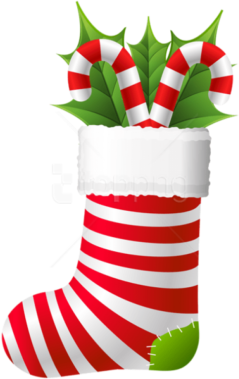 Christmas Clip Art 桌布 壁紙 — 一隻充滿節日氣氛的紅白條紋聖誕襪，裝滿了拐杖糖和冬青葉，背景為黑色。