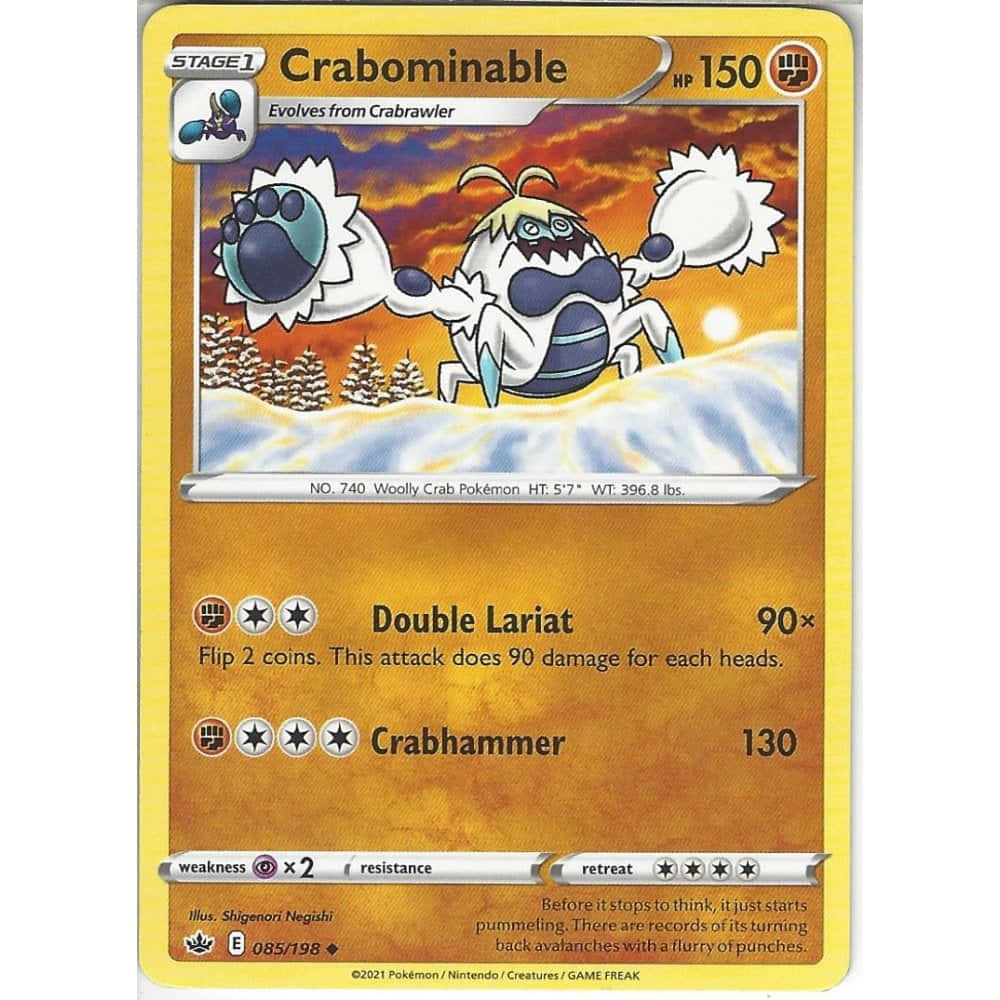 寶可夢 桌布 壁紙 — 一隻兇猛的 Crabominable 站在雪地景觀中，有松樹和火紅橙色的天空。