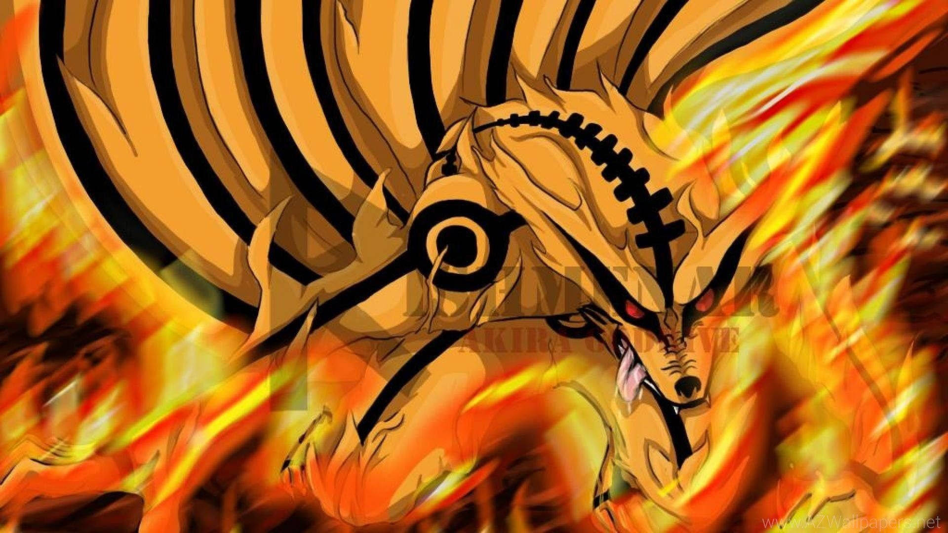 Kurama 桌布 壁紙 — 一隻兇猛的九尾狐，眼睛發出紅光，身體噴出熾熱的橙色火焰，以動漫風格呈現。