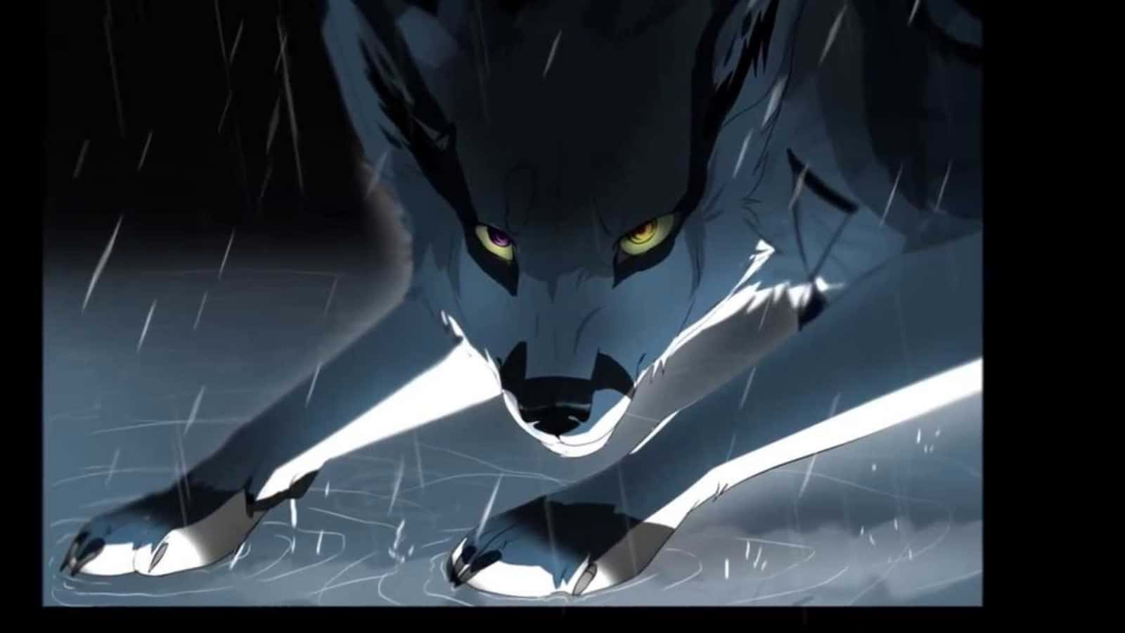 anime wolf 桌布 壁紙 — 一隻兇猛的動漫狼，擁有發光的黃色眼睛，在戲劇性燈光下低伏於雨中。