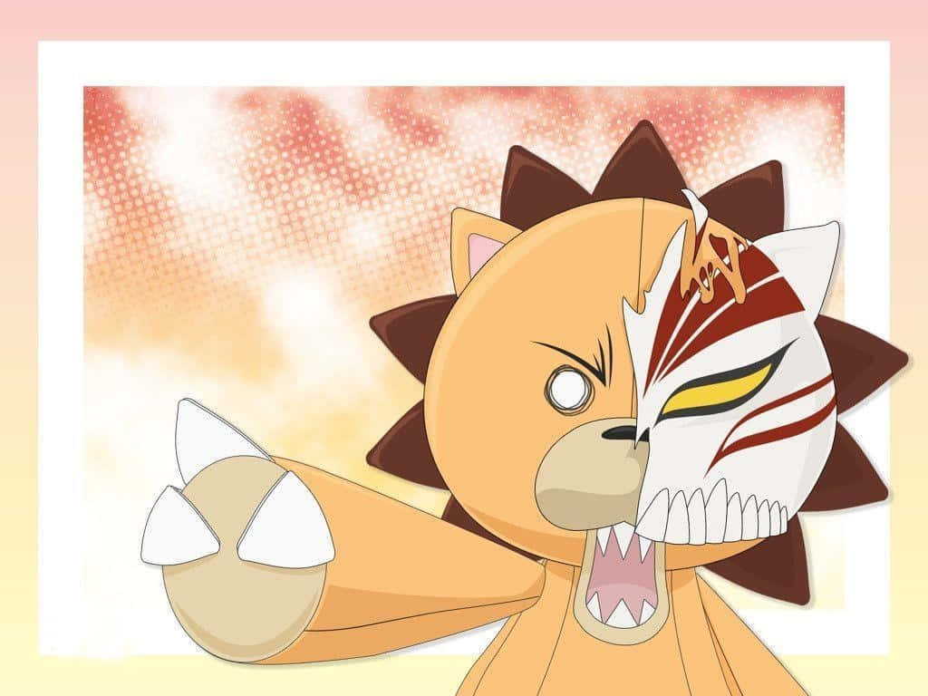 Bleach Kon 桌布 壁紙 — 一隻兇猛的動漫獅子，半邊臉被白色和紅色的面具遮蓋，在溫暖的漸變背景前齜牙咧嘴地咆哮。
