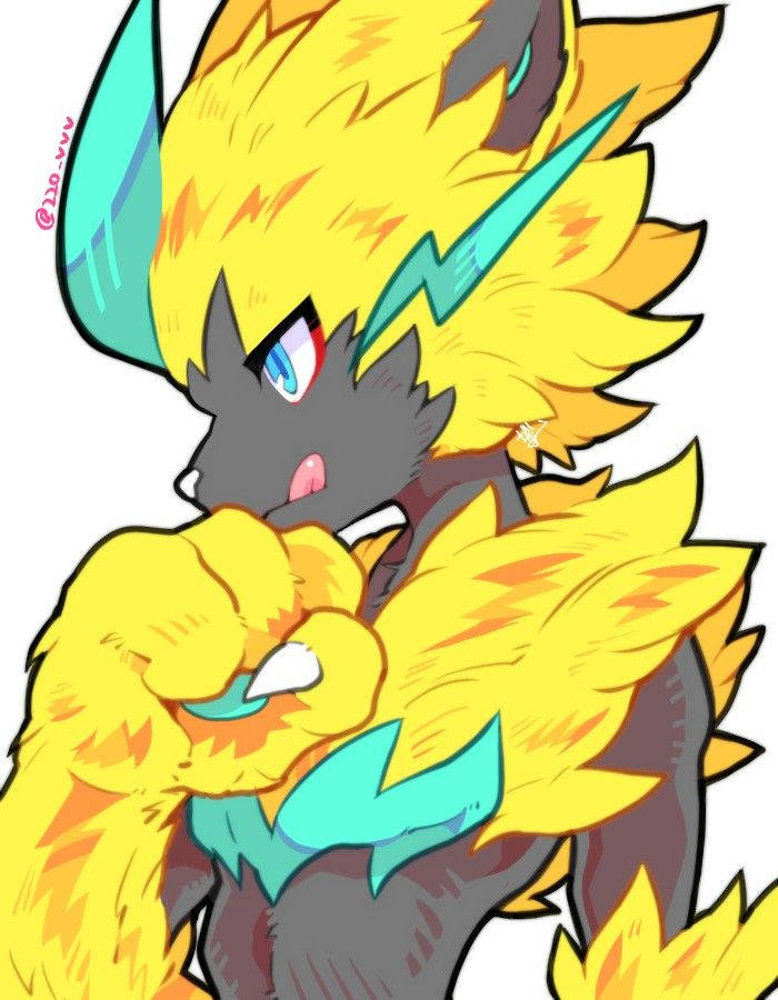 Zeraora 桌布 壁紙 — 一隻兇猛的動漫風格寶可夢，擁有火黃色毛皮和青綠色閃電圖案，在純白背景上伸展利爪。
