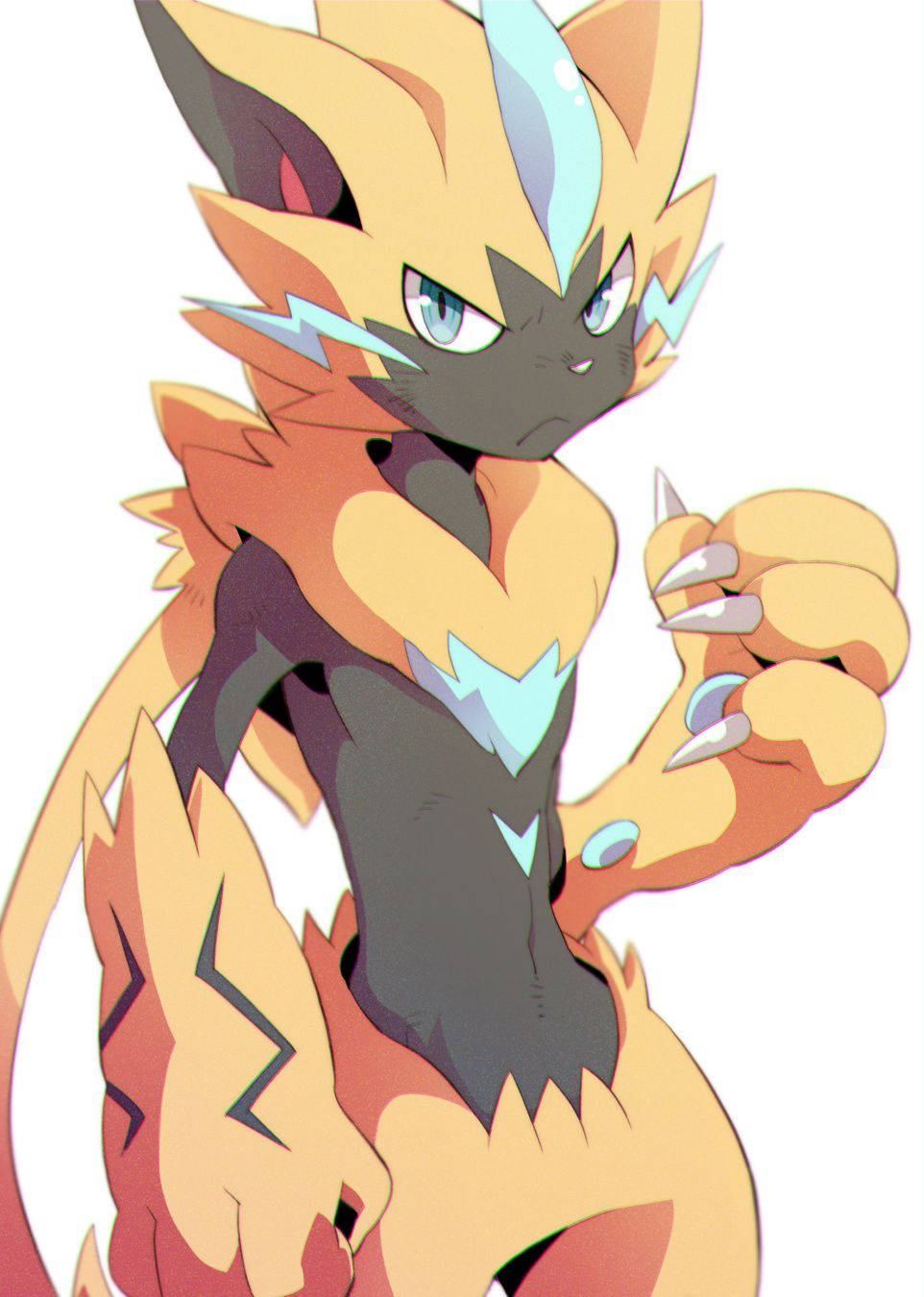 Zeraora 桌布 壁紙 — 一隻兇猛的動漫風格狐狸-like 生物，擁有橙色毛皮、藍色標記和發光的眼睛，在白色背景前自信地擺姿勢。