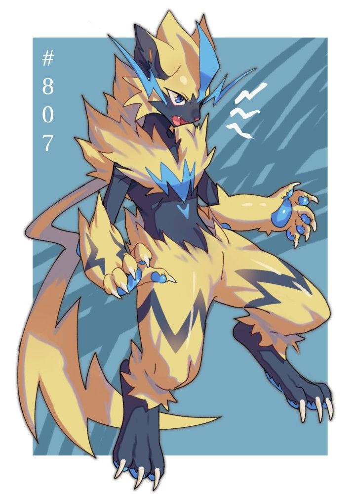 Zeraora 桌布 壁紙 — 一隻兇猛的動漫風格閃電狐，金色毛髮和藍色電光標記，在暴風雨藍色背景前蓄勢待發。