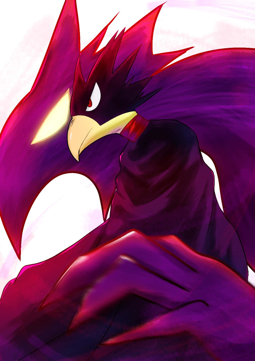 Fumikage Tokoyami 桌布 壁紙 — 一隻兇猛的動漫鳥，擁有尖刺的深紅色羽毛和發光的黃色眼睛，在柔和的白色背景下凝視著。