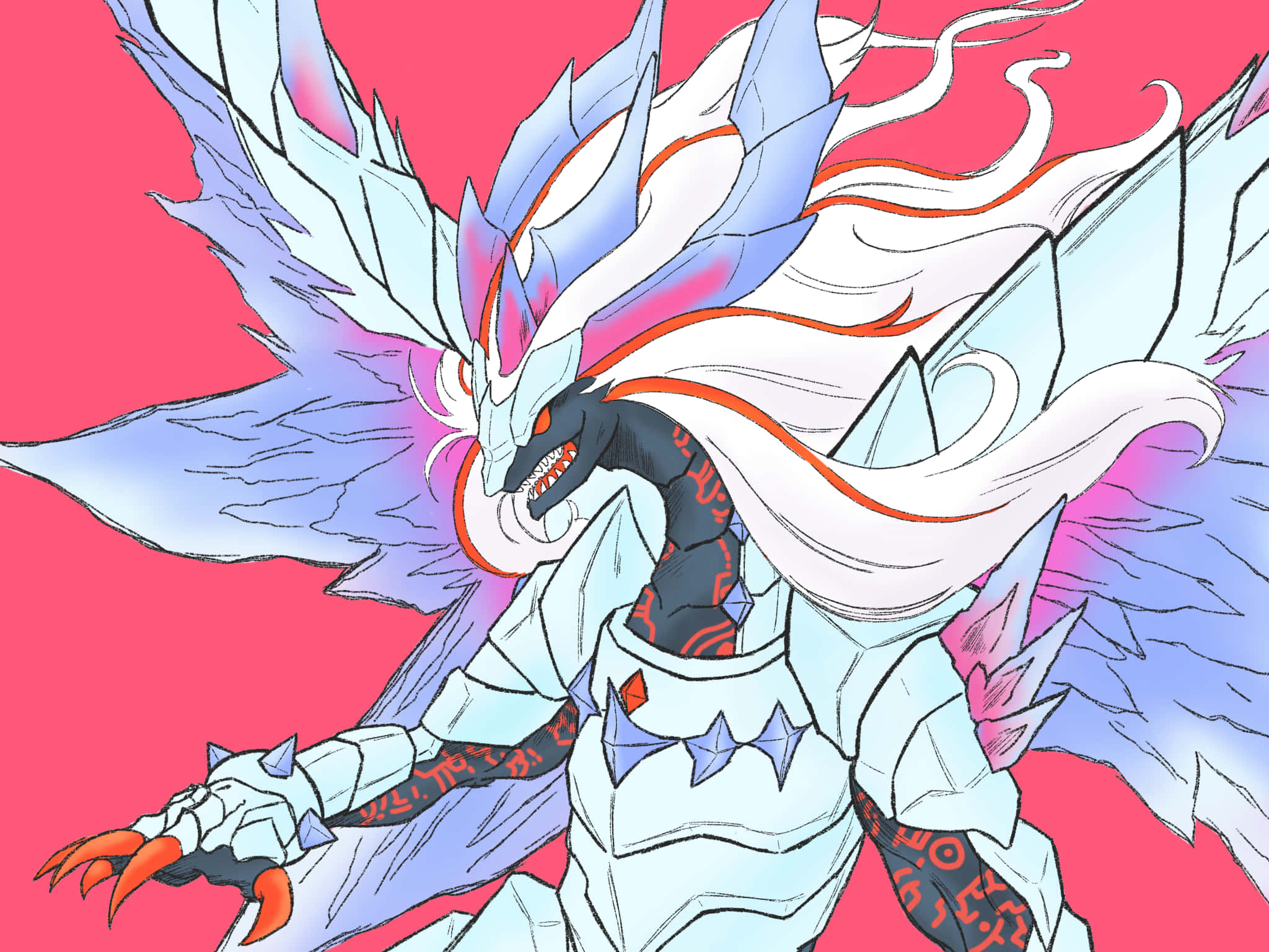 Yugioh Dragons 桌布 壁紙 — 一隻兇猛的動漫龍，擁有冰藍色的翅膀和白色盔甲，在充滿活力的粉紅色背景上咆哮。