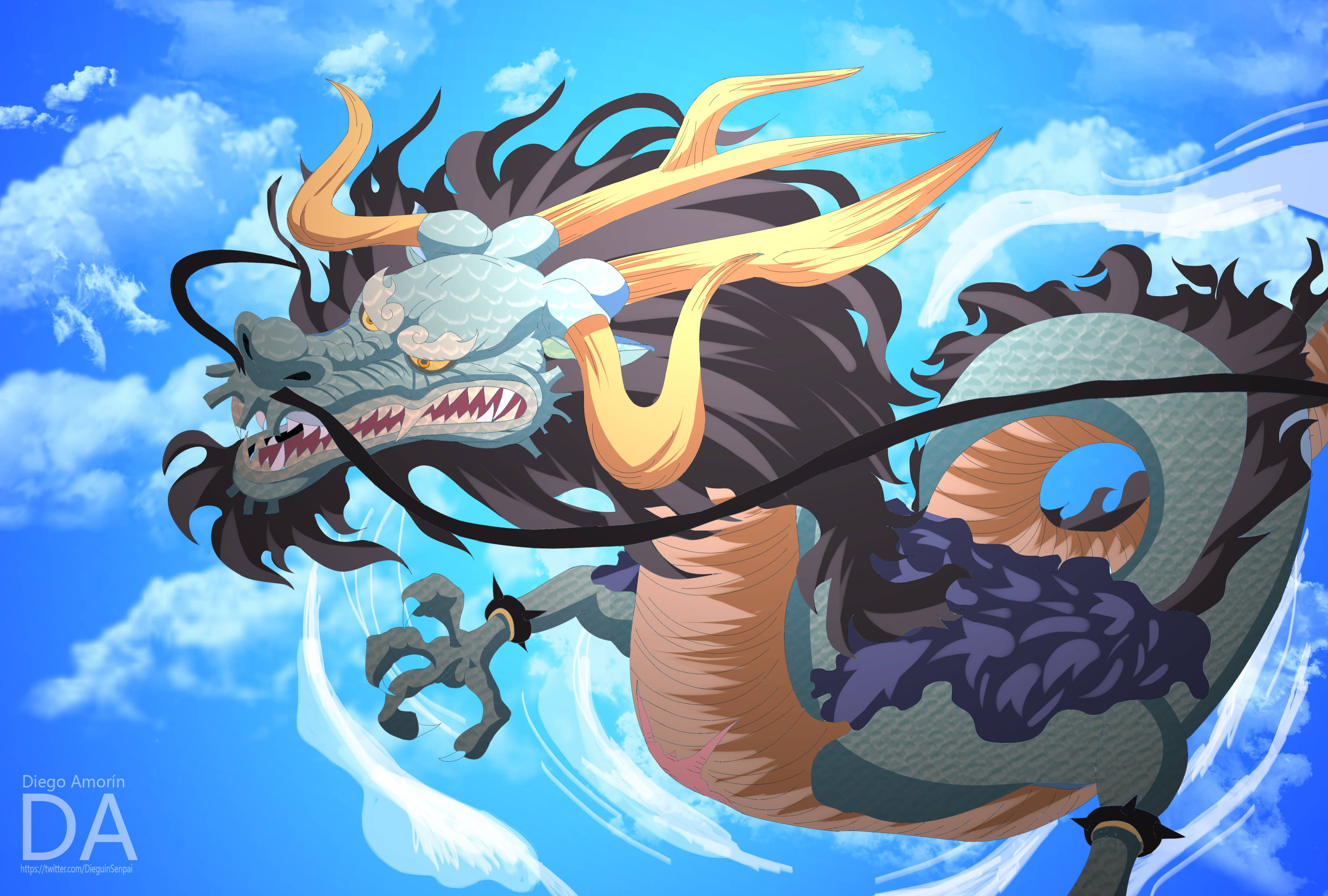 海賊王 桌布 壁紙 — 一隻兇猛的動漫龍，擁有灰色鱗片和金色角，在晴朗的藍天中翱翔，伴隨著蓬鬆的白雲。