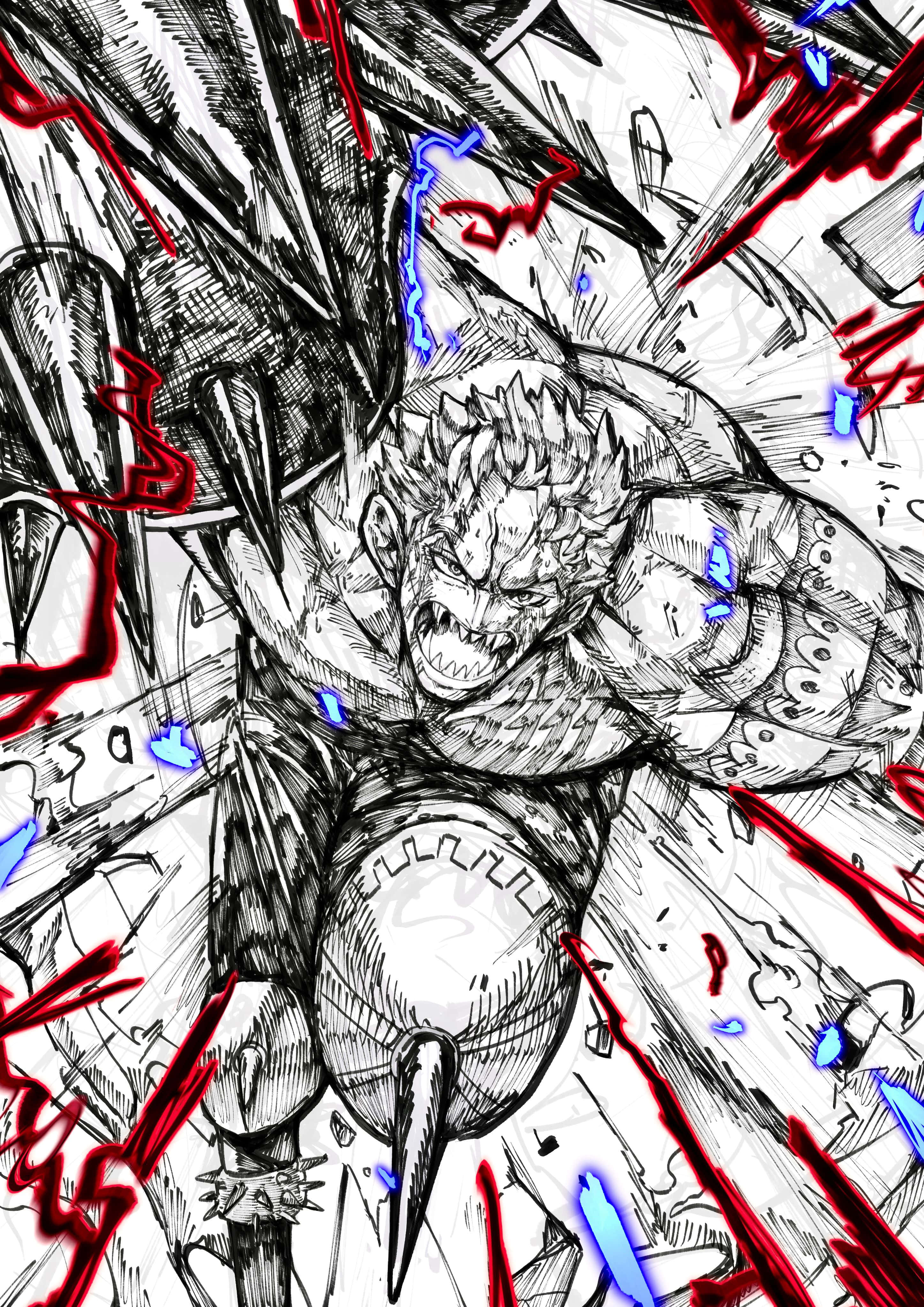 Charlotte Katakuri 桌布 壁紙 — 一隻兇猛的動畫怪物，有著尖刺頭髮和發光的藍色眼睛，在紅色和藍色的能量爆發中咆哮。