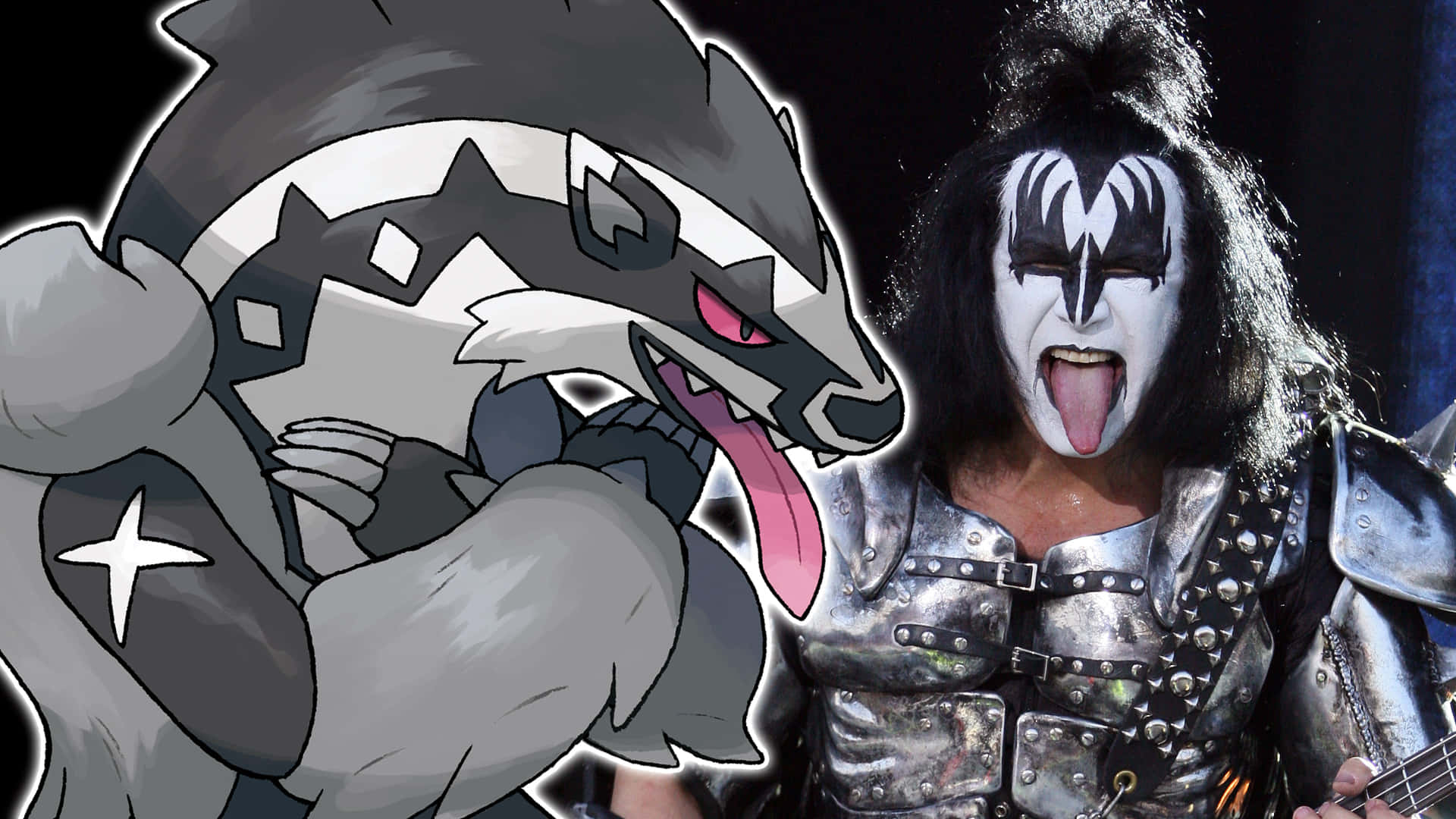 Kiss Band 桌布 壁紙 — 一隻兇猛的動畫狼寶可夢與一位全妝並穿著盔甲、手持吉他的搖滾明星對峙。