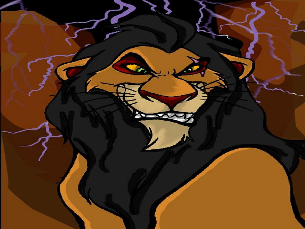 Lion King Scar 桌布 壁紙 — 一隻兇猛的動畫獅子，眼睛發光，在紫色閃電的暴風雨背景下露出牙齒。