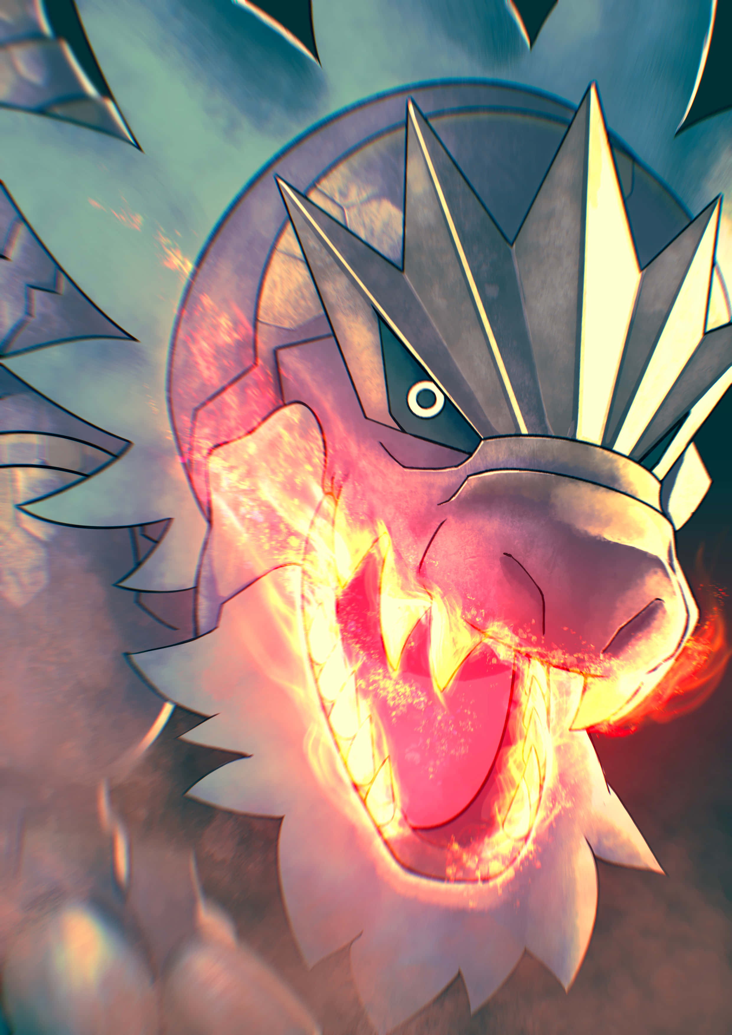 Pokémon 手機 桌布 壁紙 — 一隻兇猛的動畫龍，眼睛發光，噴出火焰，在暴風雨的天空背景下咆哮。