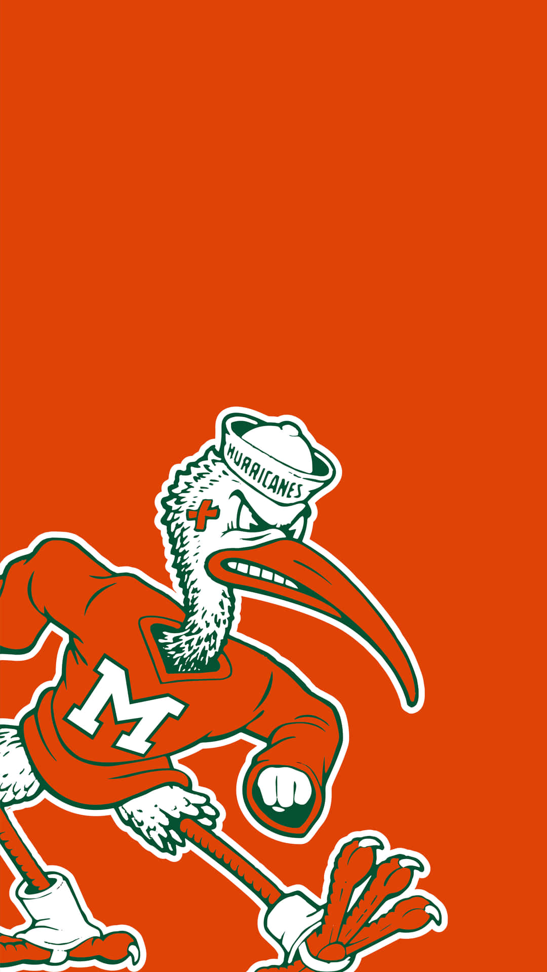 University Of Miami 桌布 壁紙 — 一隻兇猛的卡通化鳥類吉祥物穿著橙色和白色的運動裝備，在純橙色背景上動態奔跑。