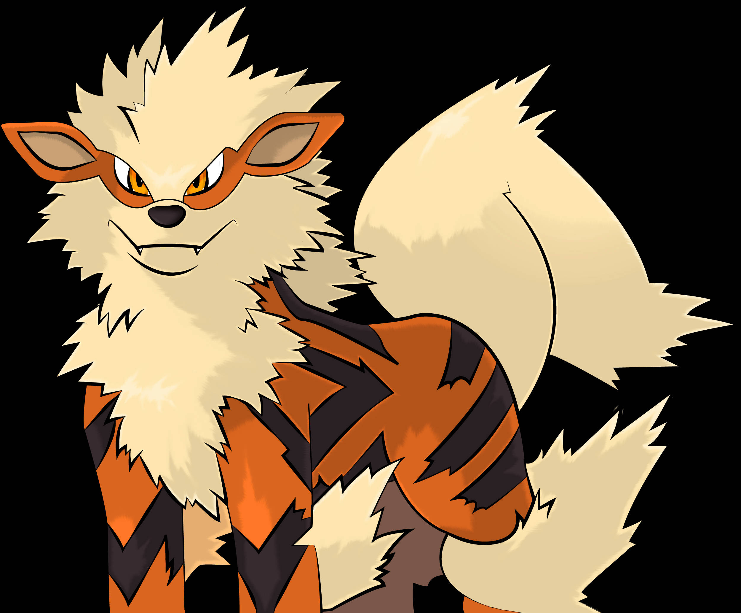 Arcanine 桌布 壁紙 — 一隻兇猛的卡通狐狸，有奶油色皮毛、橙色條紋和發光的眼睛，站在黑色背景前。