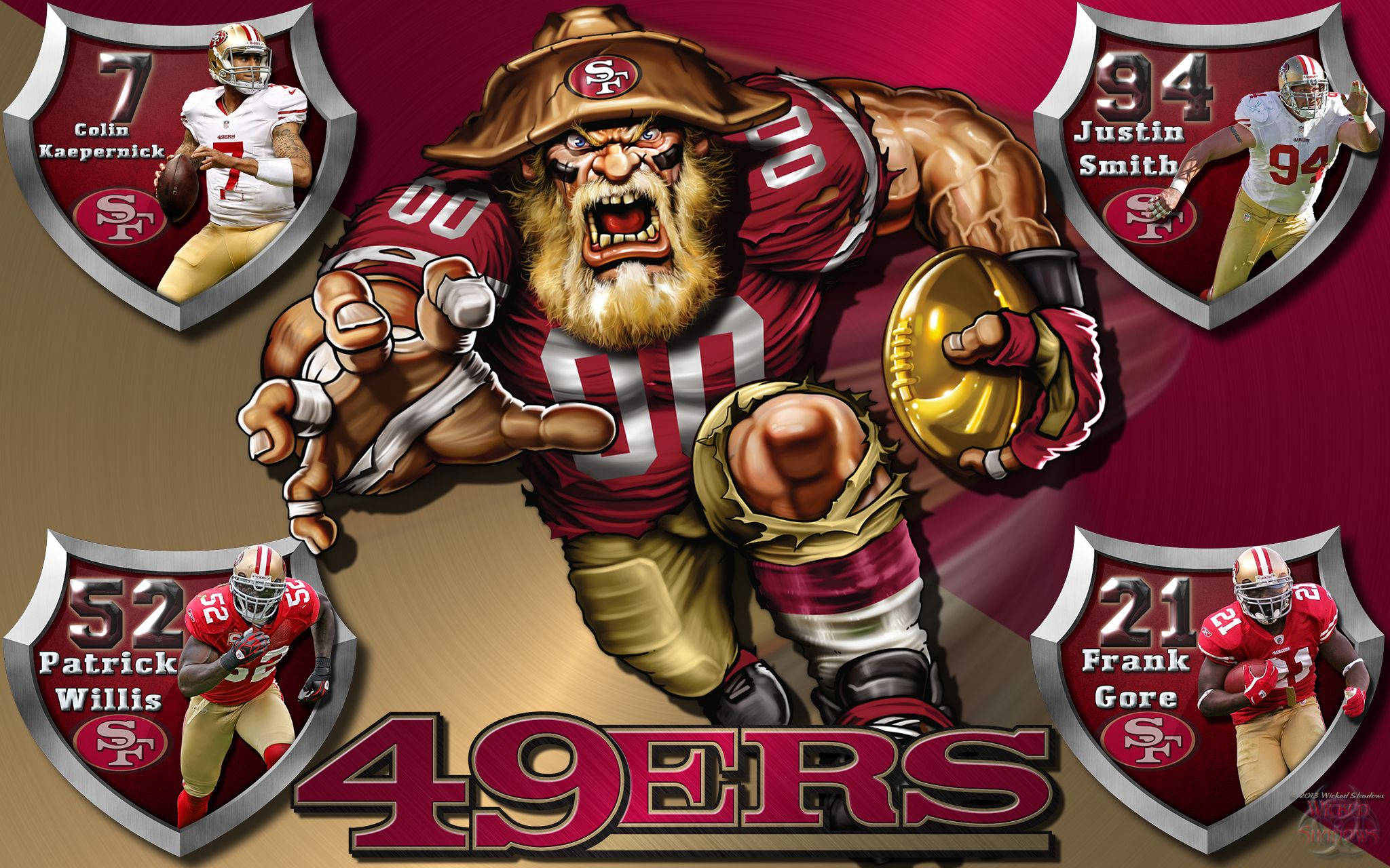 49ers 桌布 壁紙 — 一隻兇猛的卡通鬥牛犬穿著舊金山49人隊制服，帶著橄欖球向前衝，周圍是盾牌框架中的球員肖像。