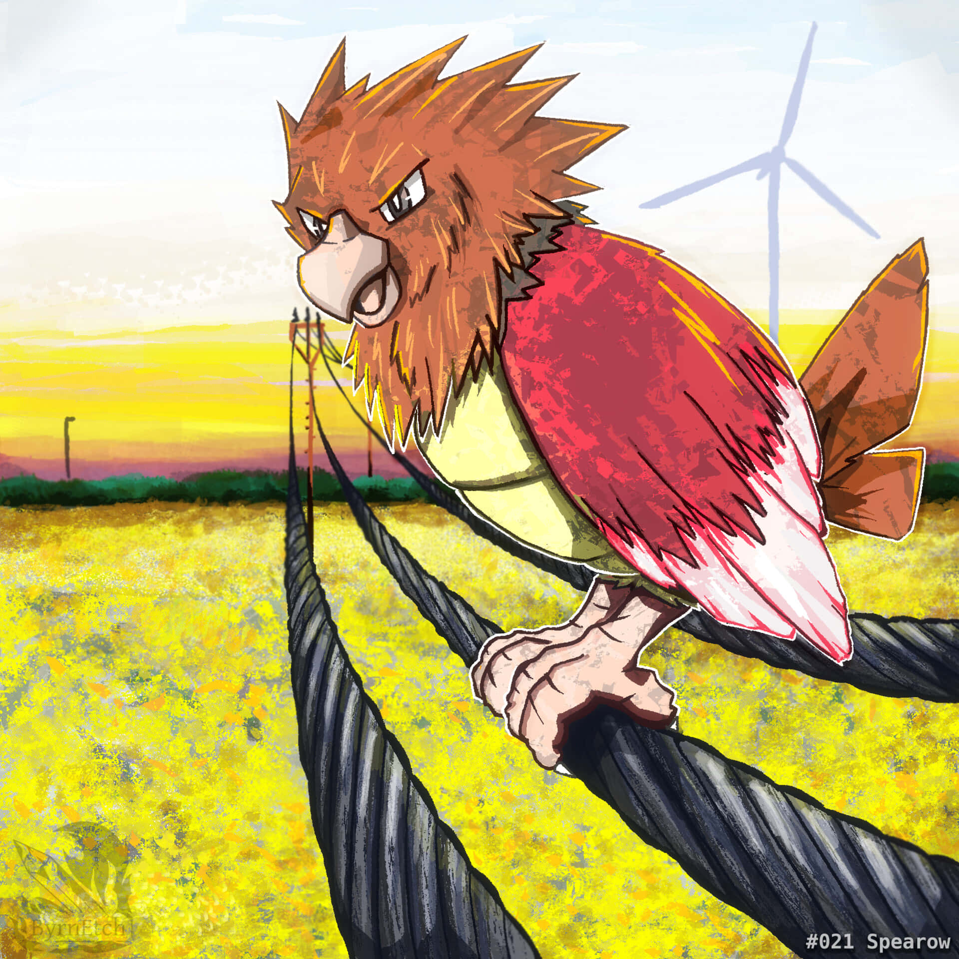 電玩遊戲 桌布 壁紙 — 一隻兇猛的卡通鳥棲息在電線上，背景是金色夕陽下的田野和遠處的風力發電機。