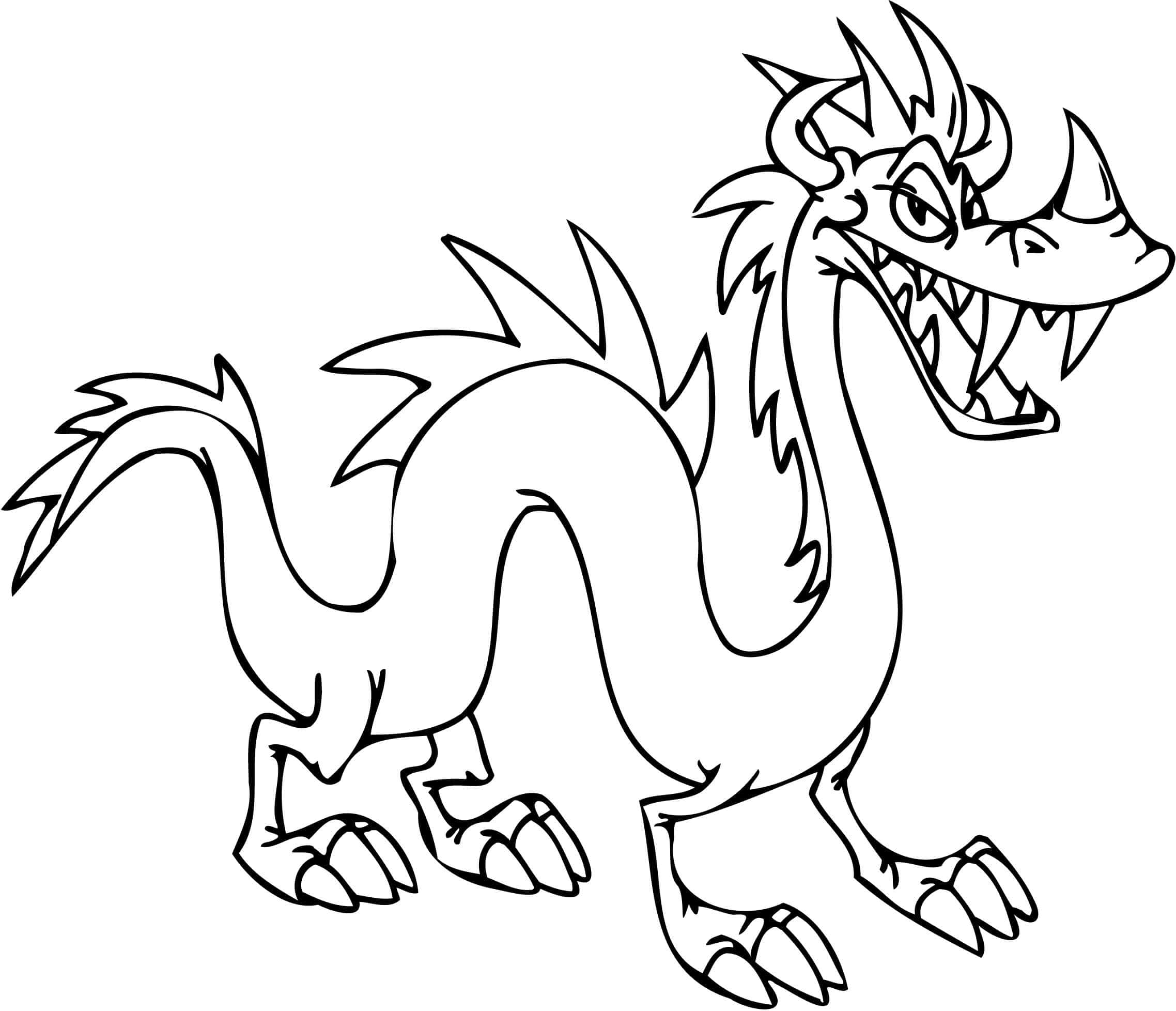 Dragon Coloring 桌布 壁紙 — 一隻兇猛的卡通龍，擁有鋒利的牙齒和尖刺鬃毛，以粗黑輪廓線條站立在純白色背景上。
