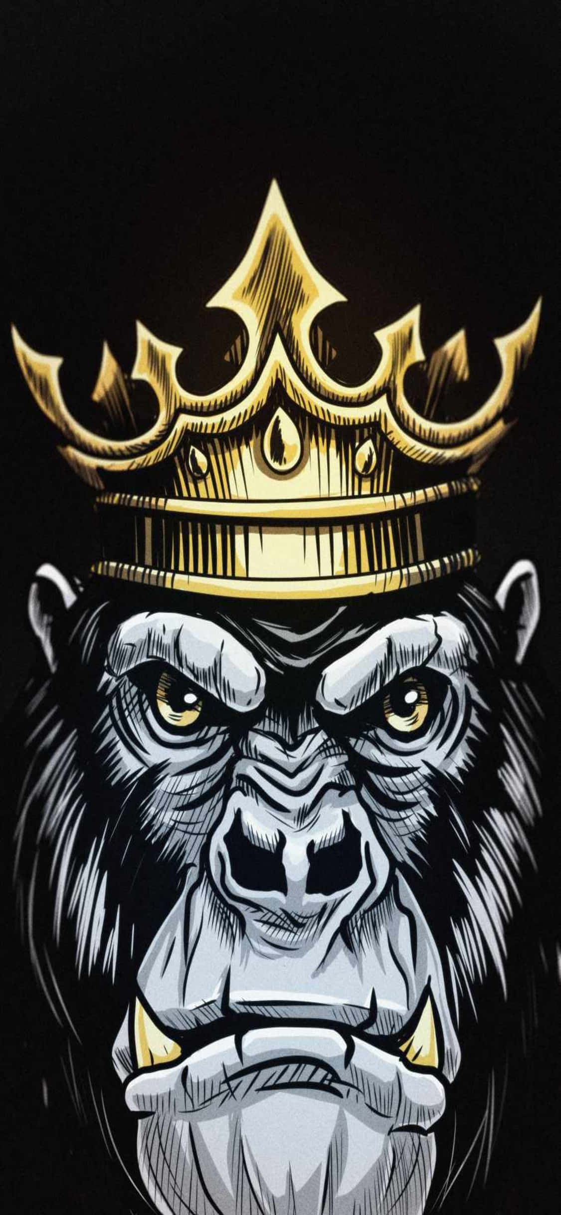 iPhone X Gorilla 桌布 壁紙 — 一隻兇猛的大猩猩，眼睛發光，戴著金色皇冠，在純黑色背景上以鮮明的圖形風格呈現。