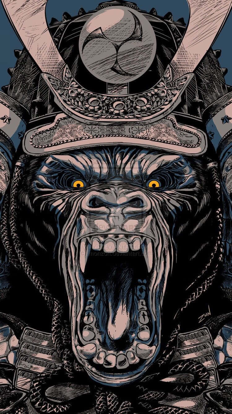 Gorilla 桌布 壁紙 — 一隻兇猛的大猩猩穿著華麗的武士盔甲，在深藍色背景上發出咆哮，眼睛發出黃色光芒。