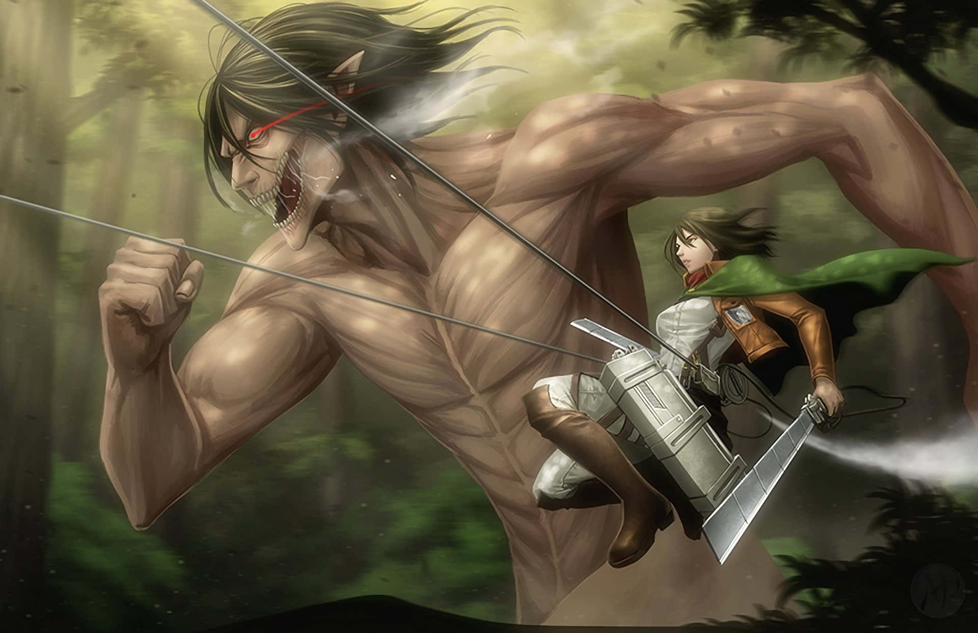 Attack On Titan Season 2 桌布 壁紙 — 一隻兇猛的巨人泰坦，有著紅色的眼睛和鋒利的牙齒，衝過迷霧森林，而一名裝備齊全的堅定士兵揮舞著刀刃。