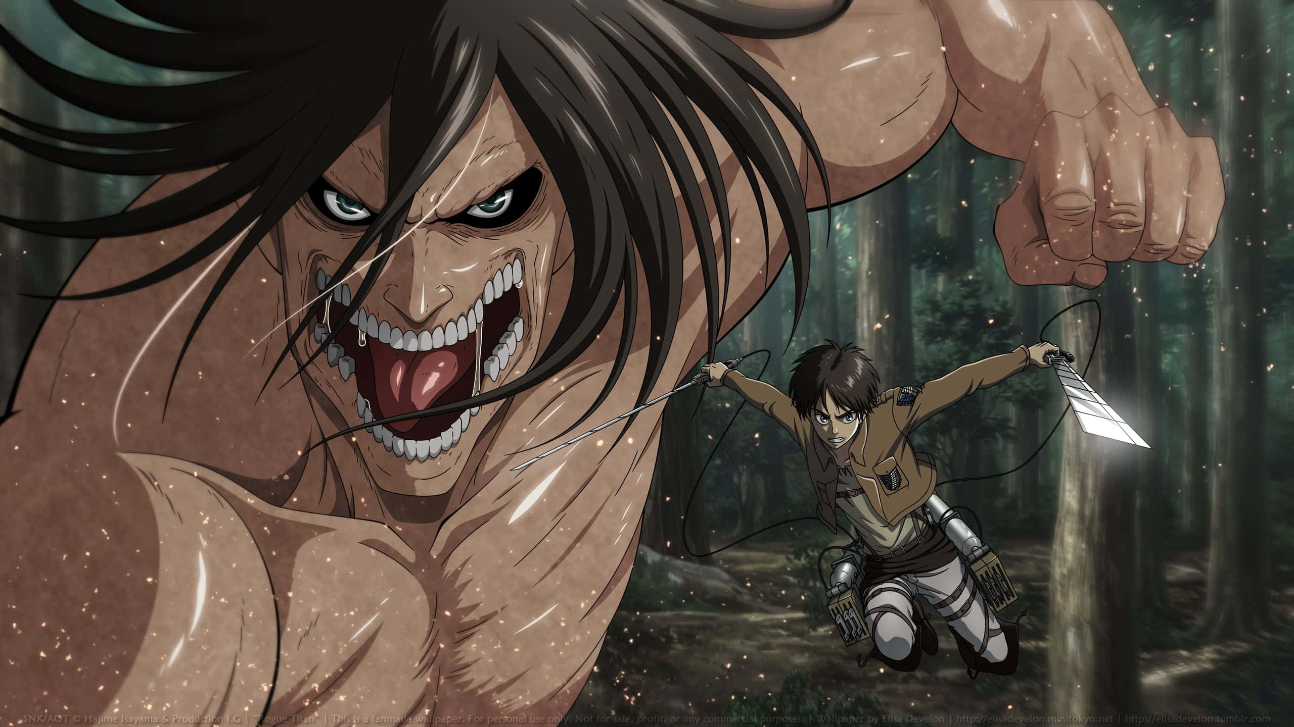 Attack On Titan Titan Eren 桌布 壁紙 — 一隻兇猛的巨人泰坦衝過森林，一名裝備齊全的士兵揮舞刀刃作絕望防禦。