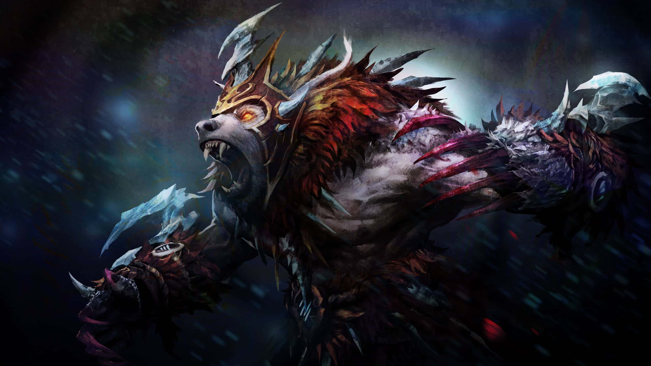 Hero 桌布 壁紙 — 一隻兇猛的惡魔狼，眼睛發光，身穿尖刺盔甲，在黑暗的暴風雨背景下咆哮。