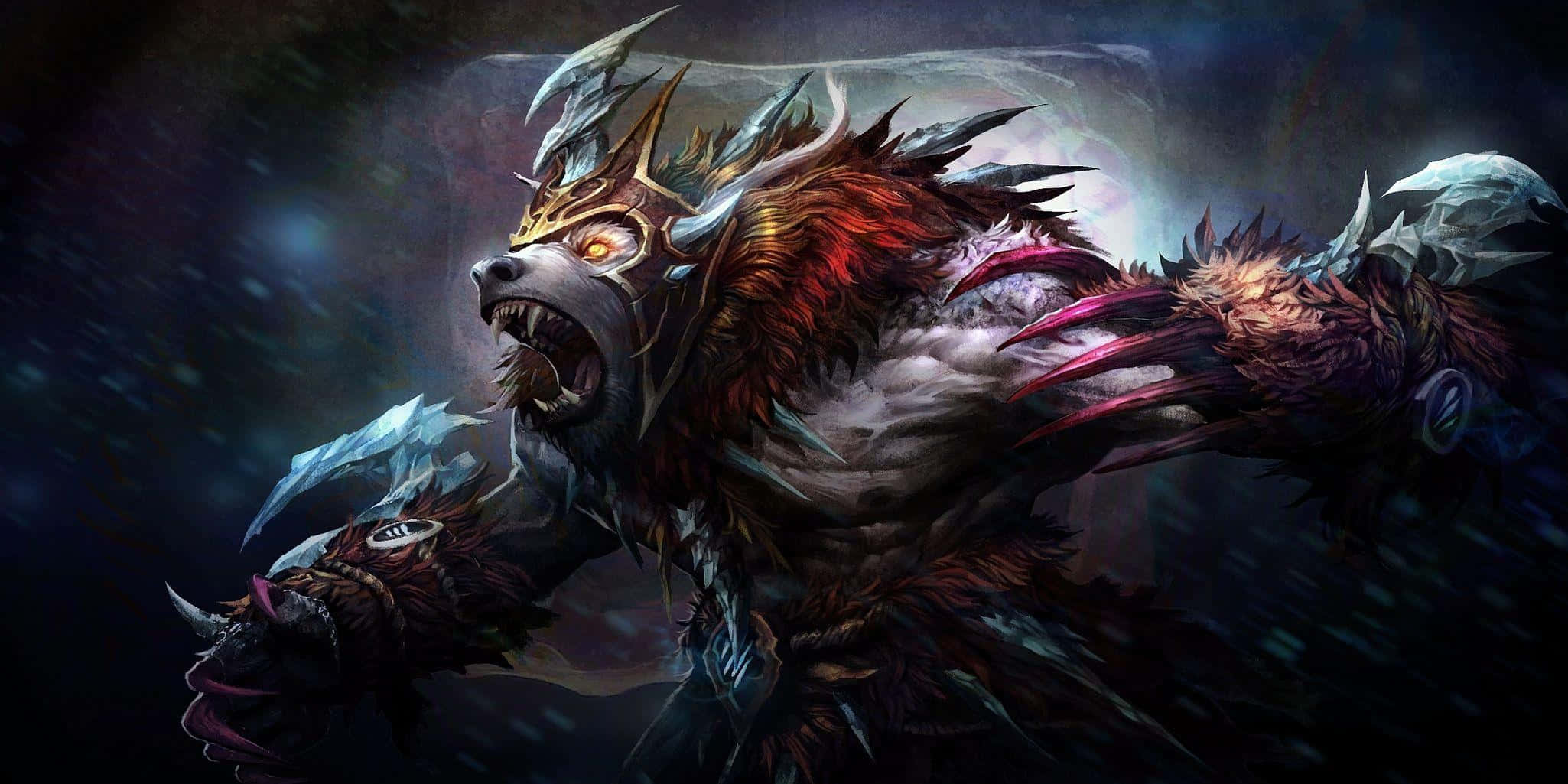 Dota 2 Heroes 桌布 壁紙 — 一隻兇猛的惡魔野獸，有著發光的眼睛和尖刺盔甲，在黑暗的宇宙背景下咆哮。