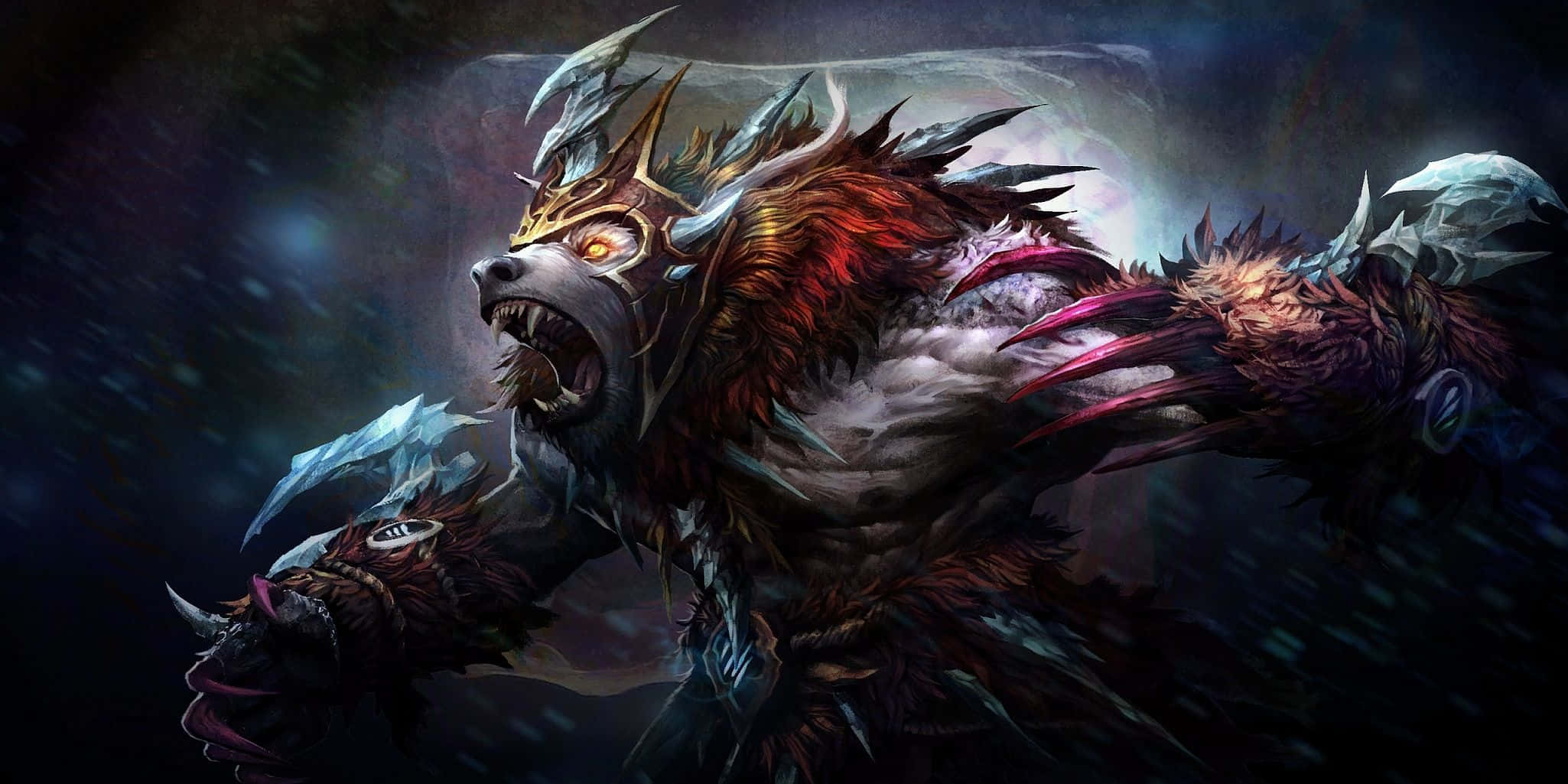 HD Dota 2 桌布 壁紙 — 一隻兇猛的惡魔野獸，眼睛發光，身穿尖刺盔甲，在黑暗的宇宙背景下咆哮。