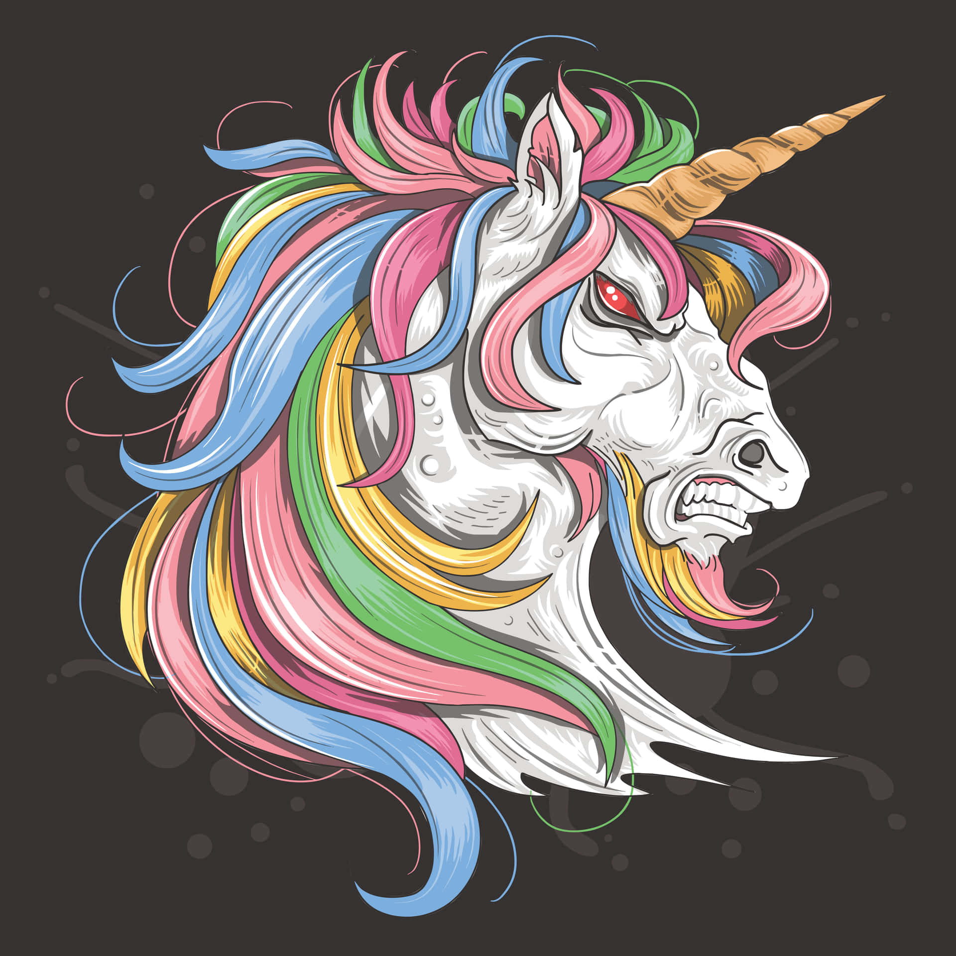 彩虹獨角獸 桌布 壁紙 — 一隻兇猛的插畫獨角獸，擁有彩虹鬃毛和發光的紅色眼睛，在黑暗背景中咆哮。