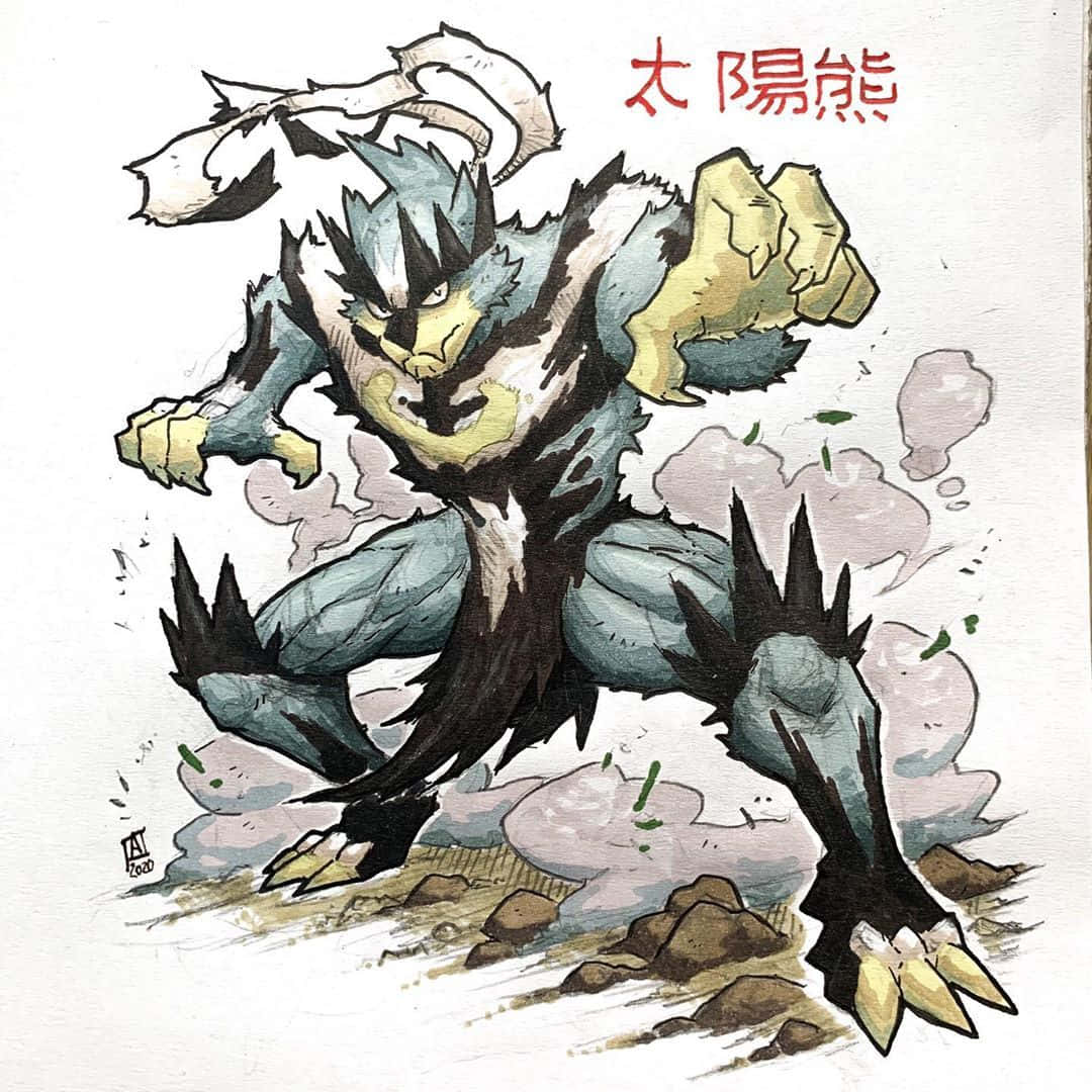 藝術 桌布 壁紙 — 一隻兇猛的插畫生物，擁有藍色毛皮、黃色爪子和飄逸的白色鬃毛，在岩石地形中向前猛撲。