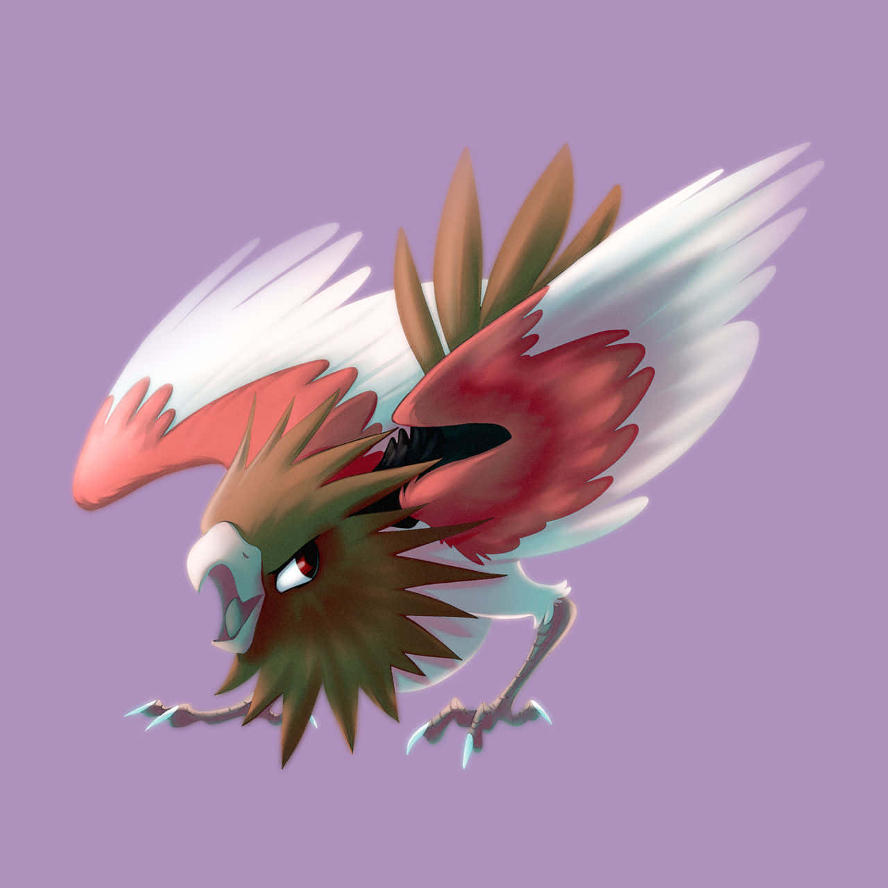 電玩遊戲 桌布 壁紙 — 一隻兇猛的插畫風格鳥類生物，擁有紅色和白色的翅膀，在柔和的紫色背景上張開爪子。