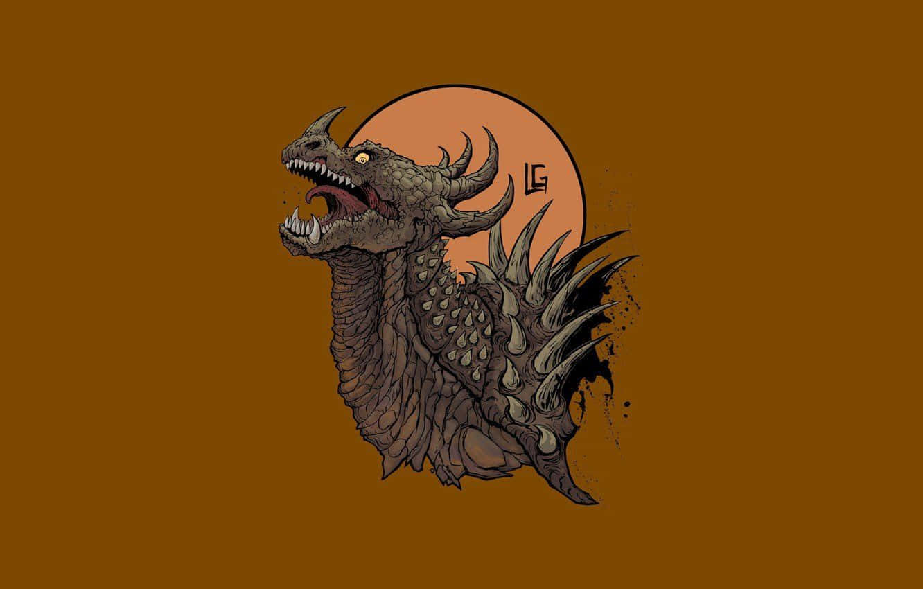 Godzilla Art 桌布 壁紙 — 一隻兇猛的插畫龍，背上有尖刺，張開嘴巴，在純棕色背景上對著橙色太陽咆哮。