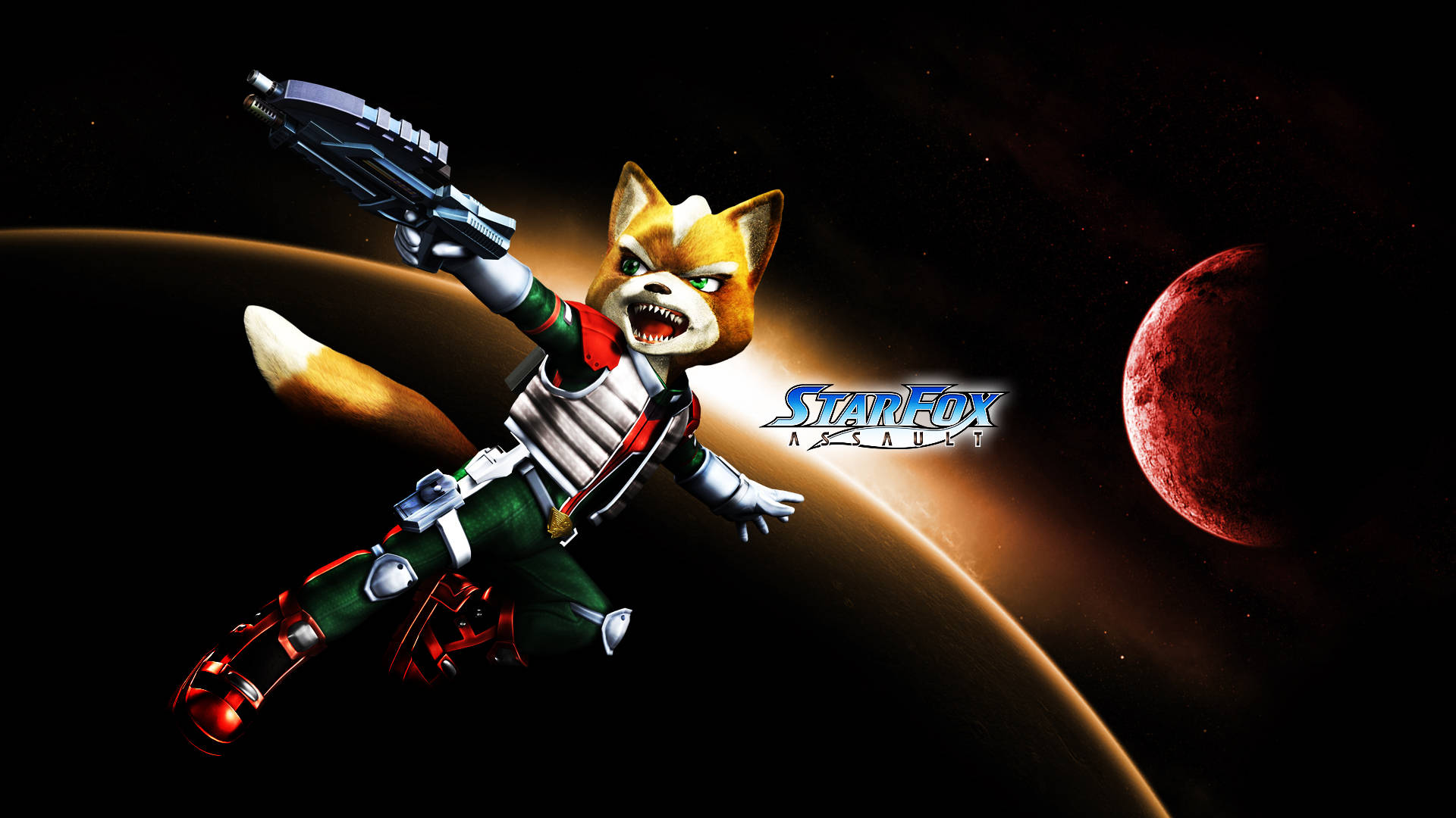 Star Fox 桌布 壁紙 — 一隻兇猛的擬人化狐狸穿著綠色和紅色的太空服，在發光的行星和紅色月球的背景下發射爆能槍。