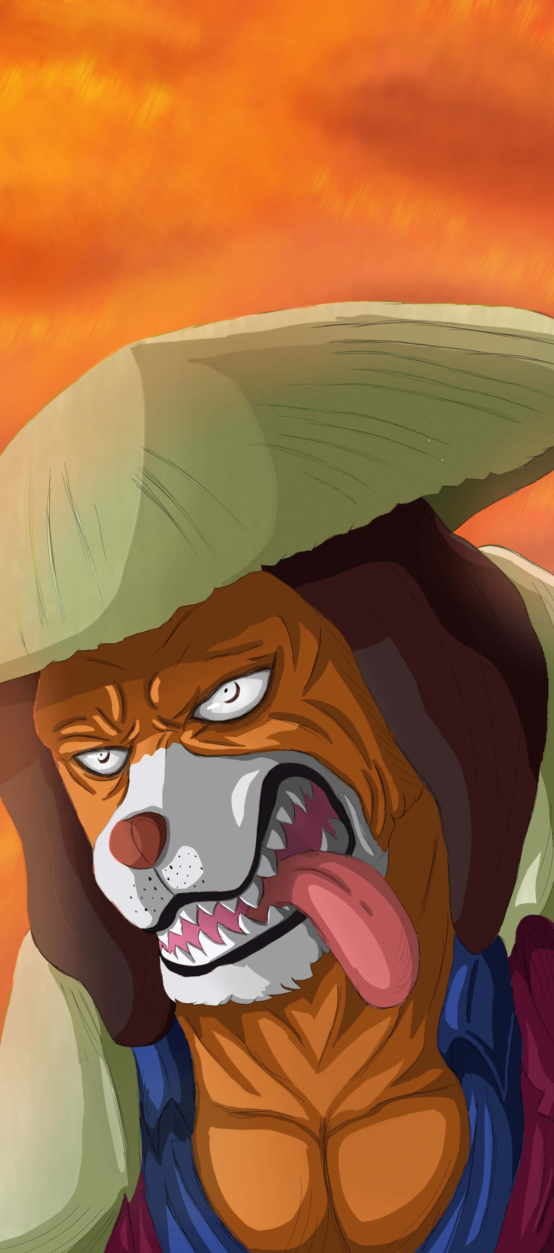 Inuarashi 桌布 壁紙 — 一隻兇猛的擬人化狗，咧嘴大笑，伸出舌頭，戴著草帽，背景是火紅色的天空。