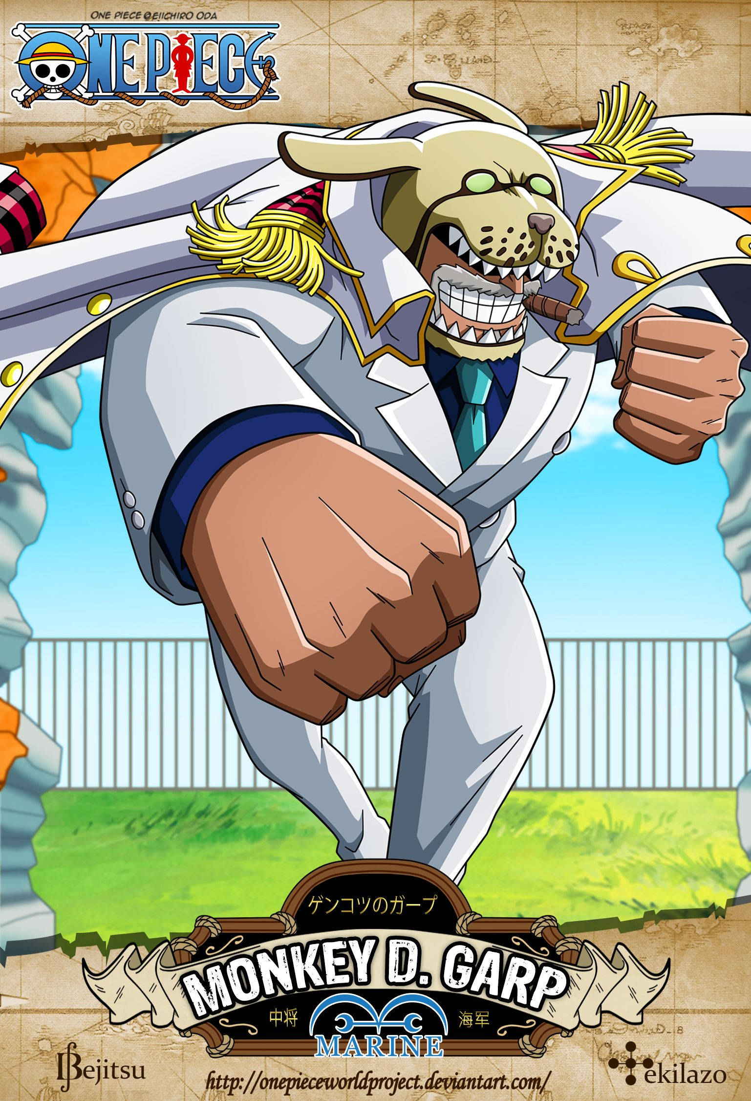 Garp 桌布 壁紙 — 一隻兇猛的擬人化狗穿著白色海軍制服，嘴裡叼著雪茄，在明亮的藍天下向前出拳。