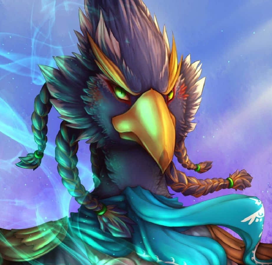 The Legend Of Zelda Revali 桌布 壁紙 — 一隻兇猛的擬人化老鷹，擁有發光的綠色眼睛和編織的青綠色羽毛，威嚴地坐在宇宙紫色和藍色星空背景前。