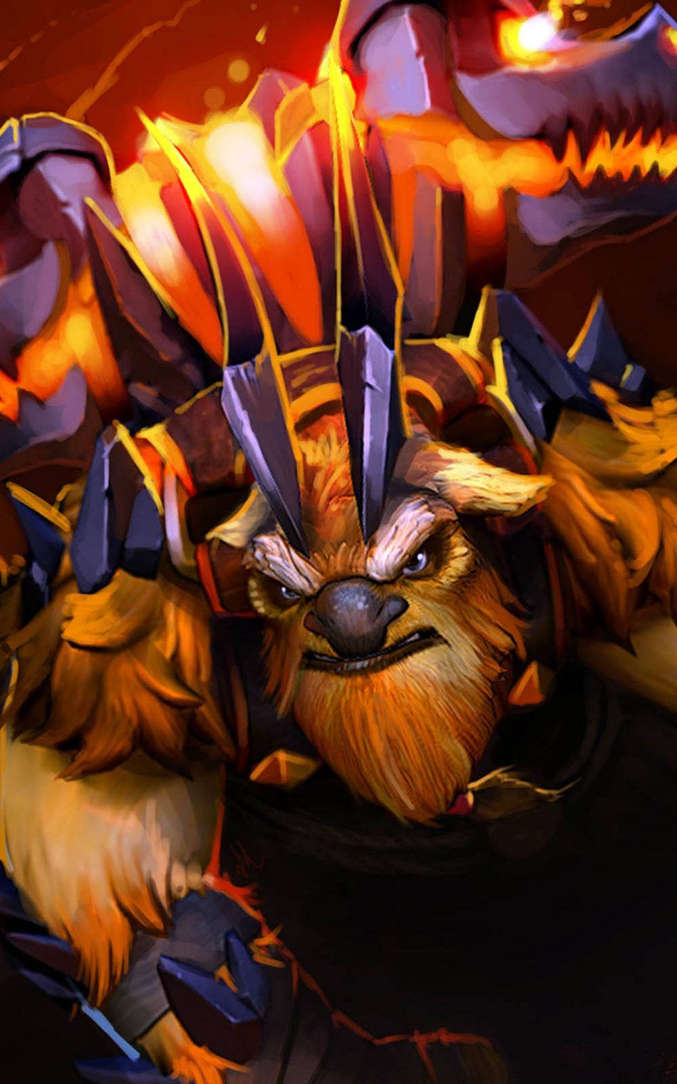 Dota 2 桌布 壁紙 — 一隻兇猛的擬人化野獸，擁有火橙色毛髮和發光的眼睛，在熔岩和鋸齒狀的黑曜石碎片中咆哮。
