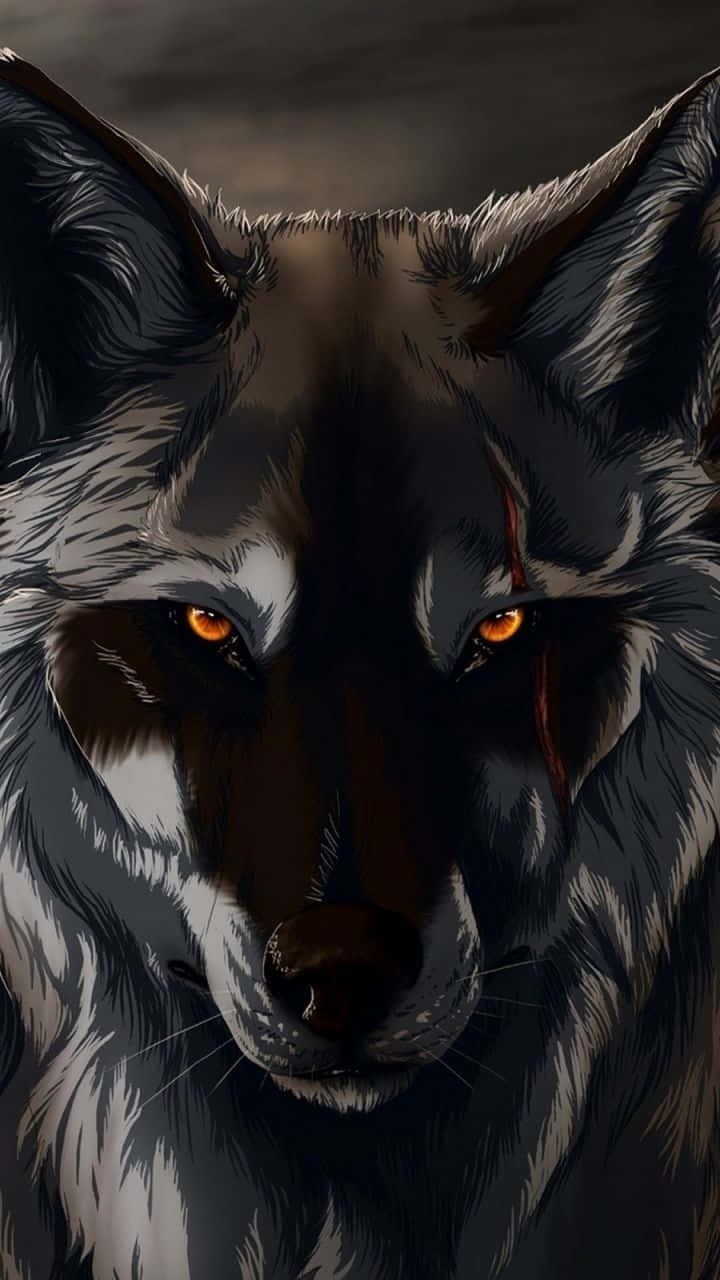 Wolf iPhone 桌布 壁紙 — 一隻兇猛的數位藝術狼，擁有發光的琥珀色眼睛和臉上的血痕，在黑暗暴風雨的天空下強烈凝視。