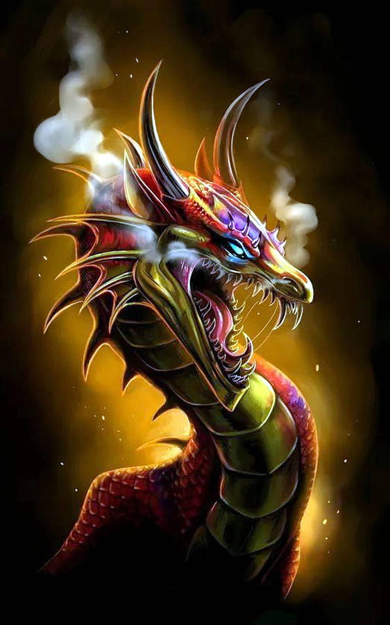 桌布 壁紙 — 一隻兇猛的數位龍，擁有發光的藍色眼睛，鼻孔冒出蒸氣，背景是金色煙霧繚繞。