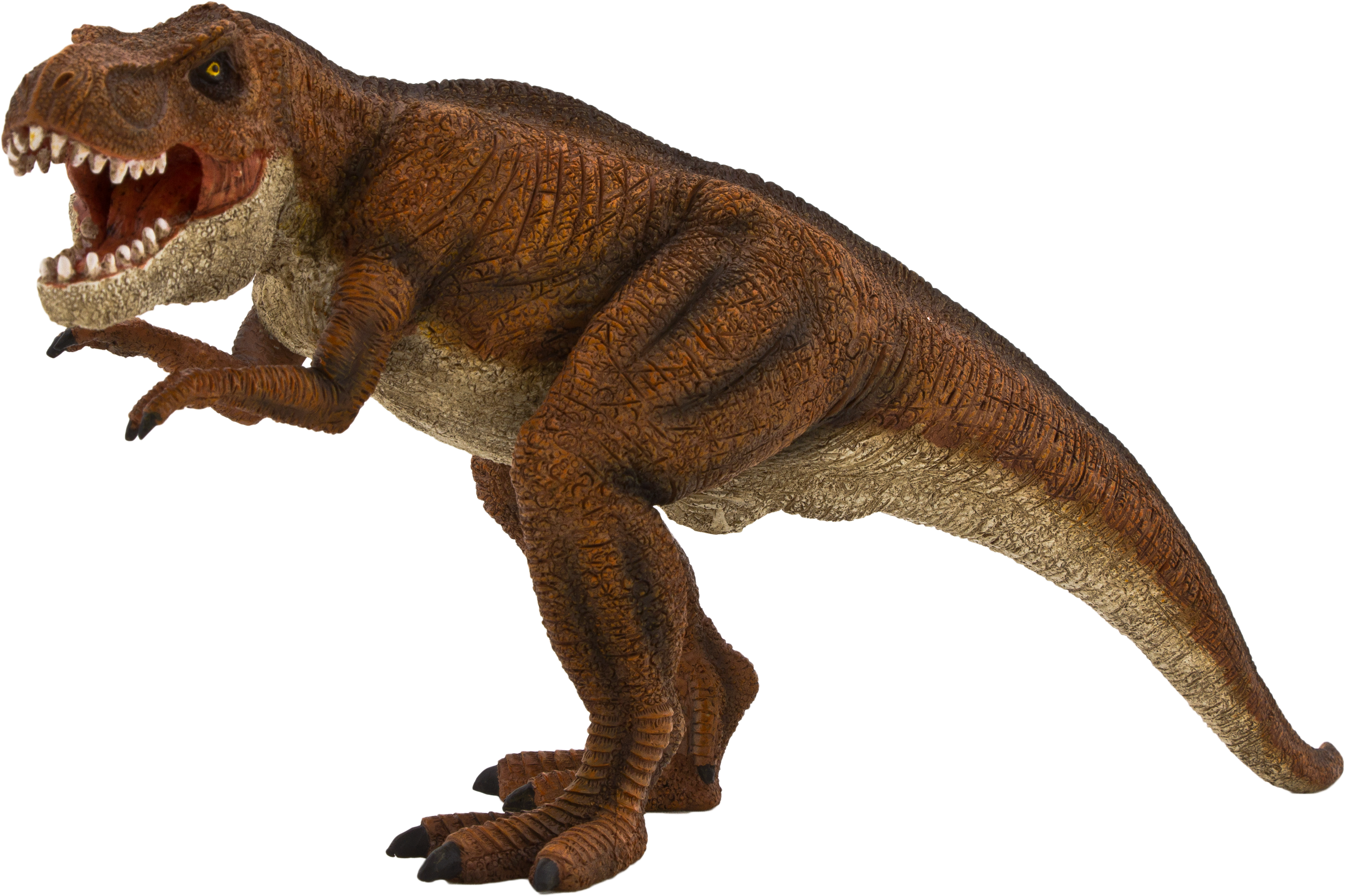 Tyrannosaurus Rex 桌布 壁紙 — 一隻兇猛的棕色暴龍，擁有鋒利的牙齒和紋理皮膚，站在黑色背景前。