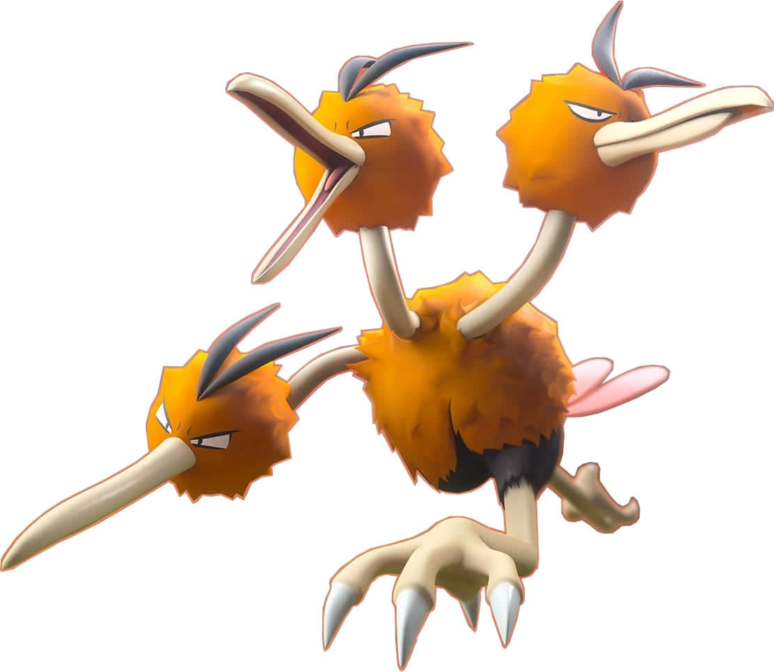 電玩遊戲 桌布 壁紙 — 一隻兇猛的橙色三頭鳥Pokémon，有尖銳的喙和爪子，在純白色背景前動態擺姿勢。