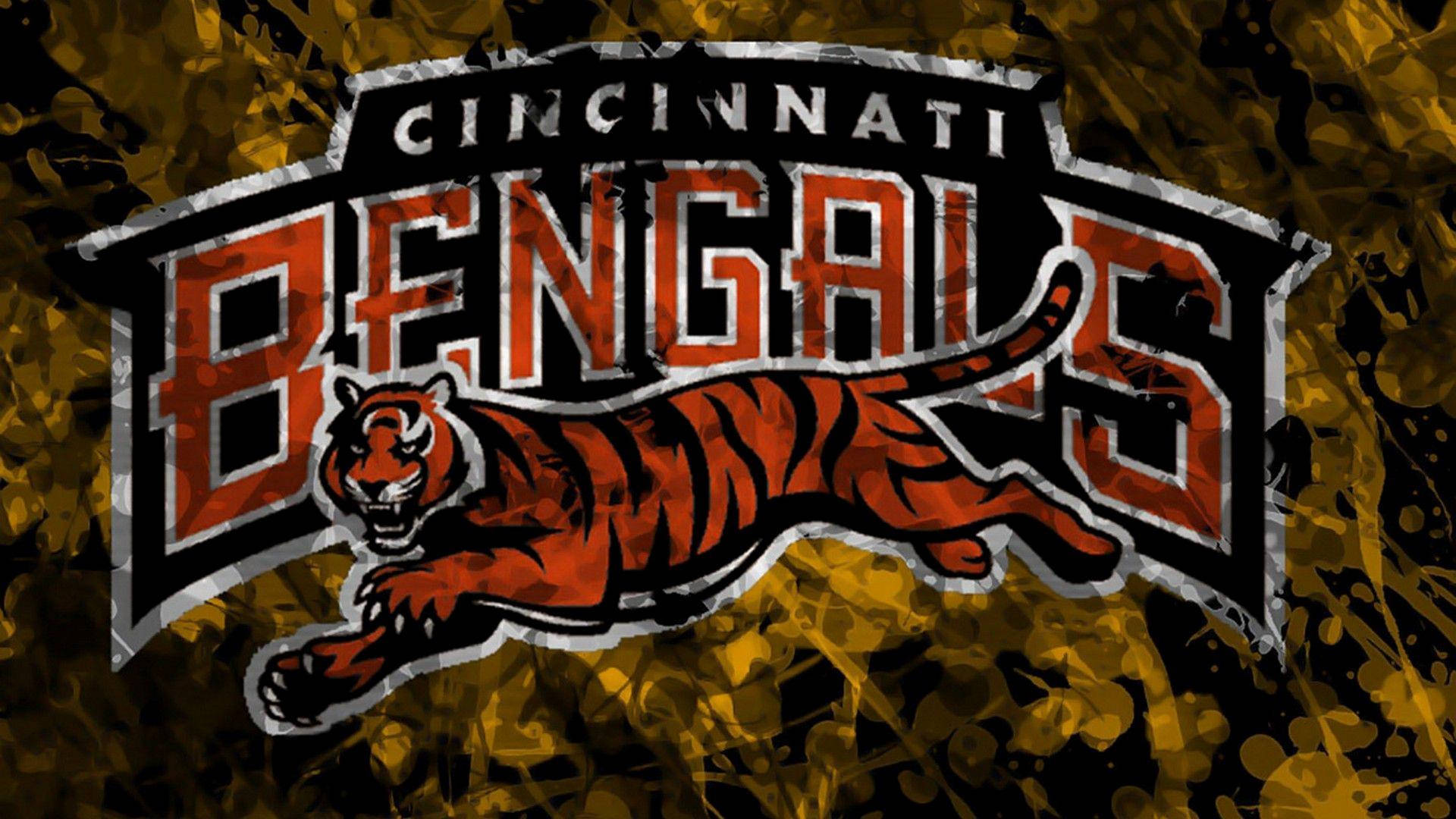 Cincinnati Bengals 標誌，上面有跳躍的老虎，背景是有紋理的金色和黑色。 — 辛辛那提猛虎 壁紙
