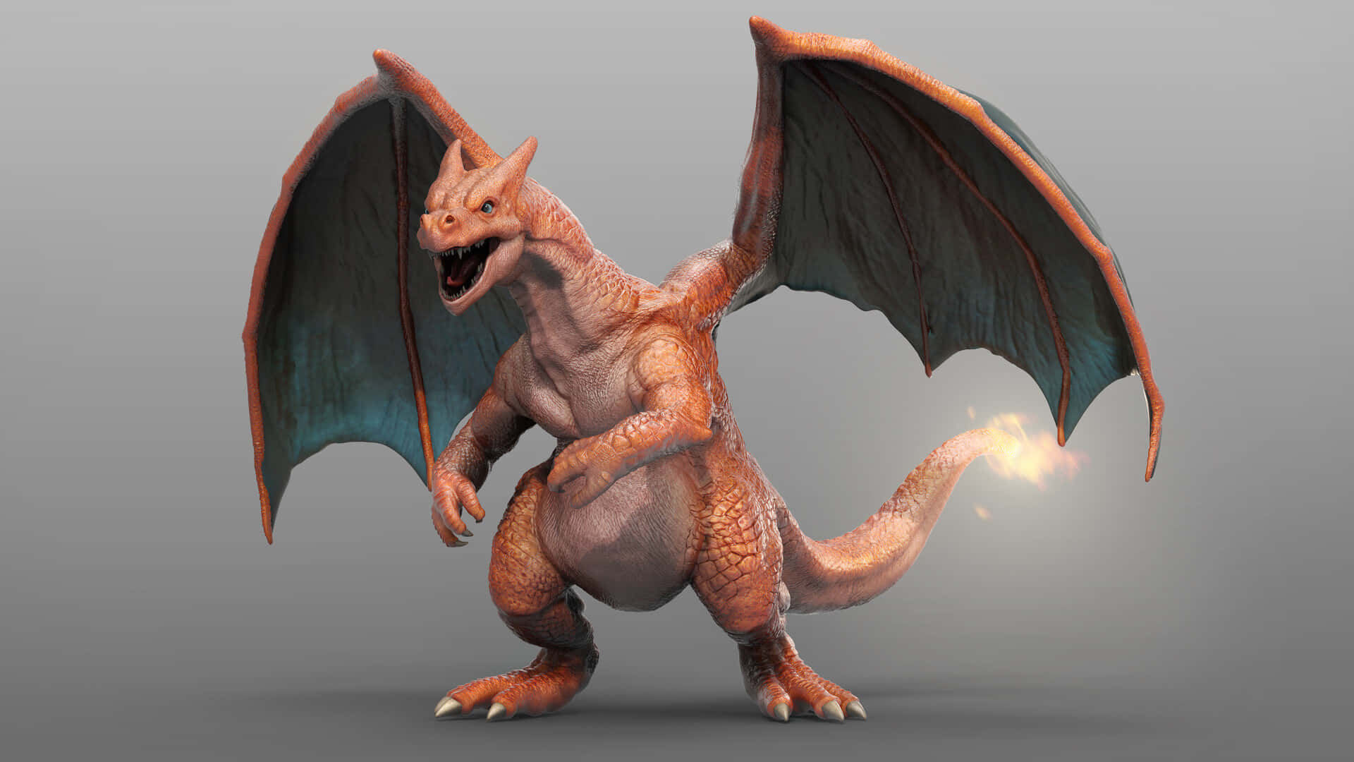 Charizard Pokemon 桌布 壁紙 — 一隻兇猛的橙色龍，帶有深藍色翅膀，對著純灰色背景咆哮並噴火。