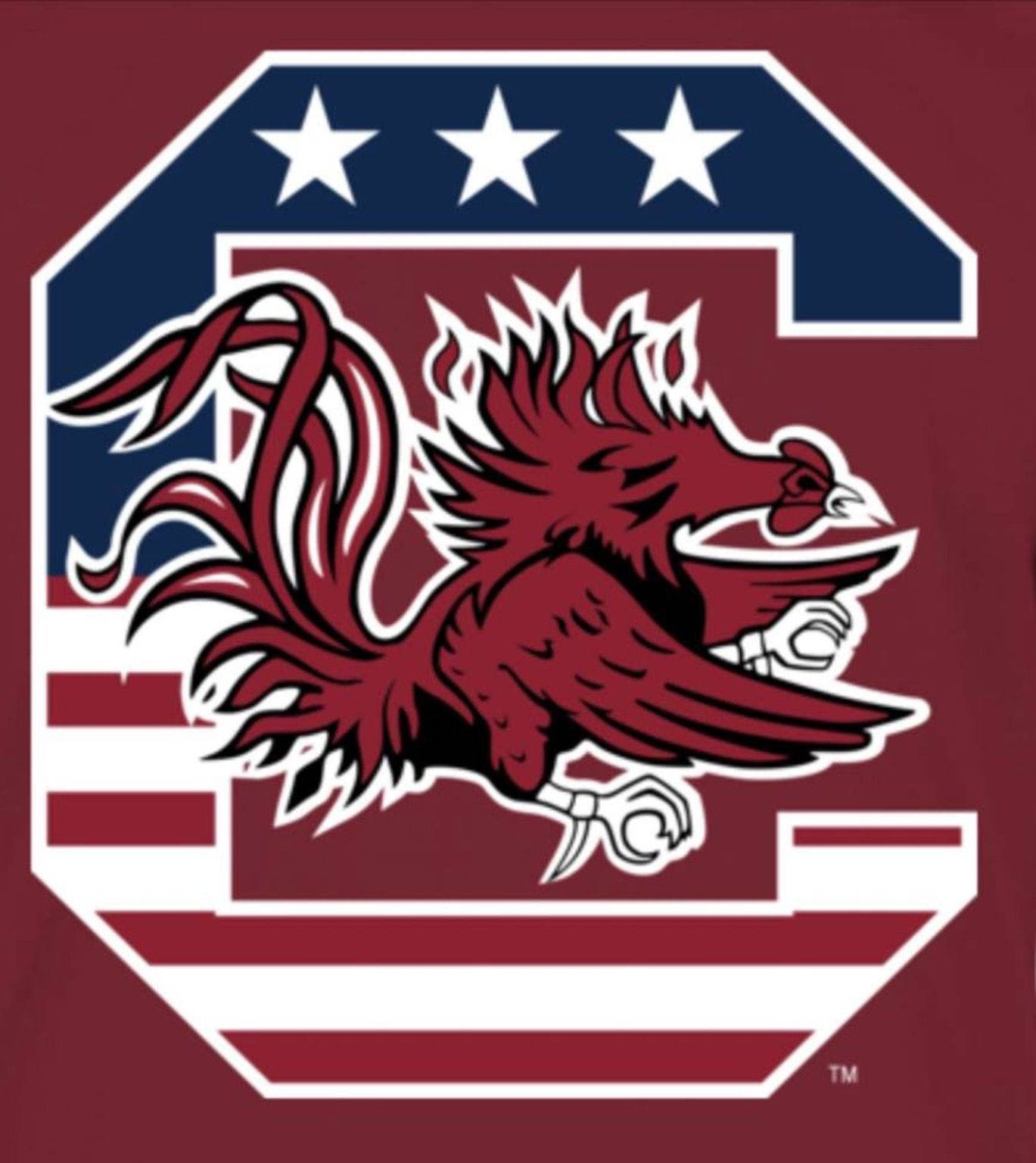 South Carolina Gamecocks 桌布 壁紙 — 一隻兇猛的深紅色公雞吉祥物在帶有星星和條紋的大膽SEC風格標誌內向前跳躍。