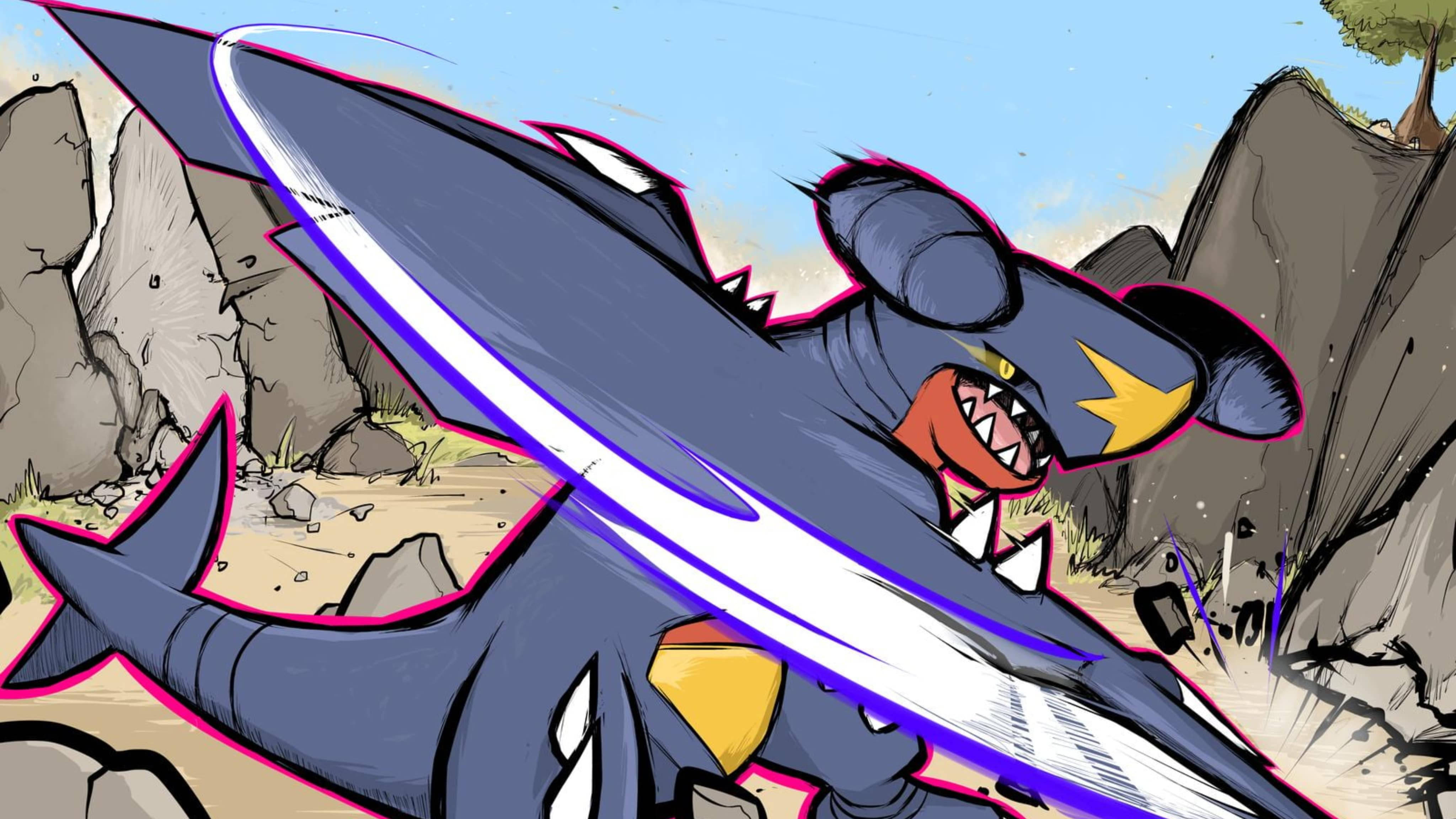Garchomp 桌布 壁紙 — 一隻兇猛的深藍色鯊魚狀寶可夢在動態動漫插圖中用發光的劍劈開岩石地形。