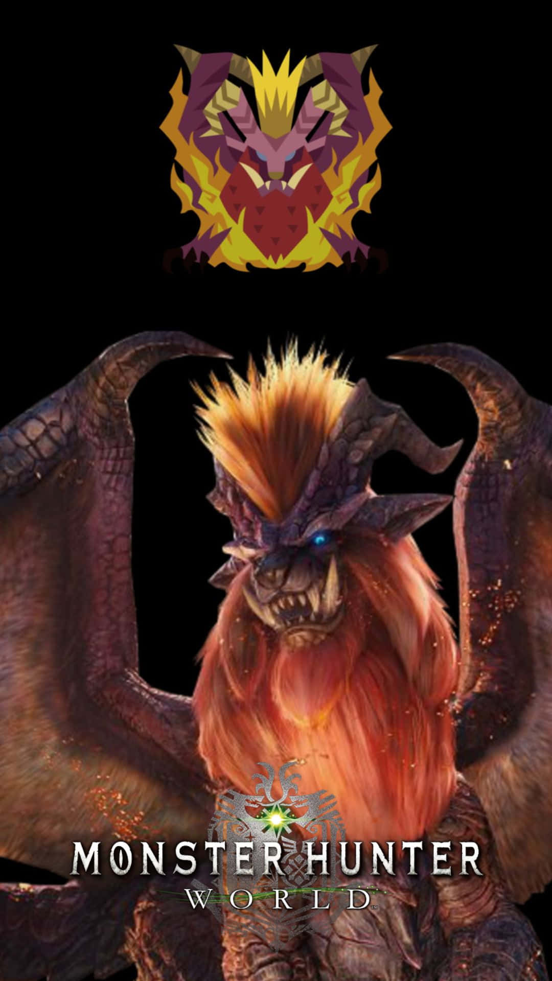 Android Monster Hunter World 桌布 壁紙 — 一隻兇猛的火焰怪物，擁有發光的藍色眼睛和展開的翅膀，主宰著黑暗的背景，上方有一個風格化的標誌。