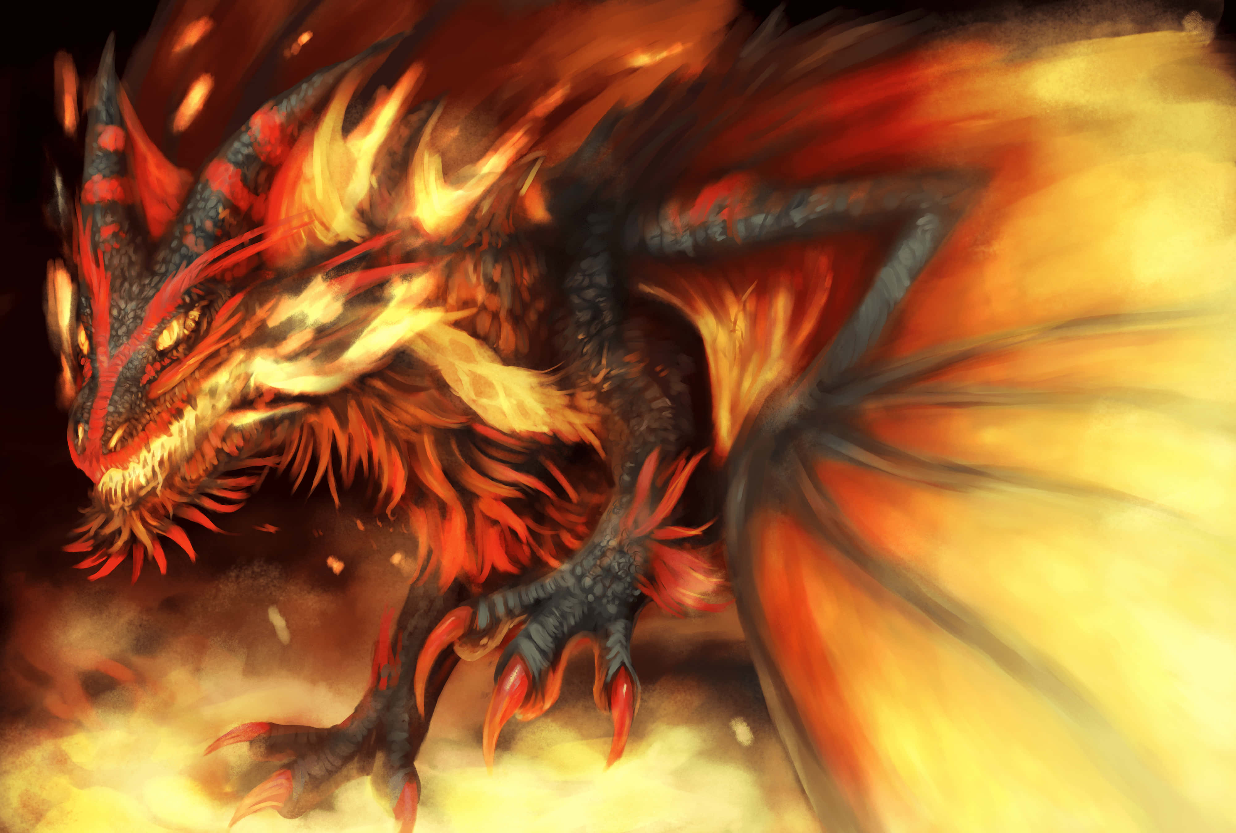 Mythical Dragon 桌布 壁紙 — 一隻兇猛的火焰龍，擁有發光的眼睛和火焰翅膀，在旋轉的火焰和煙霧中咆哮。