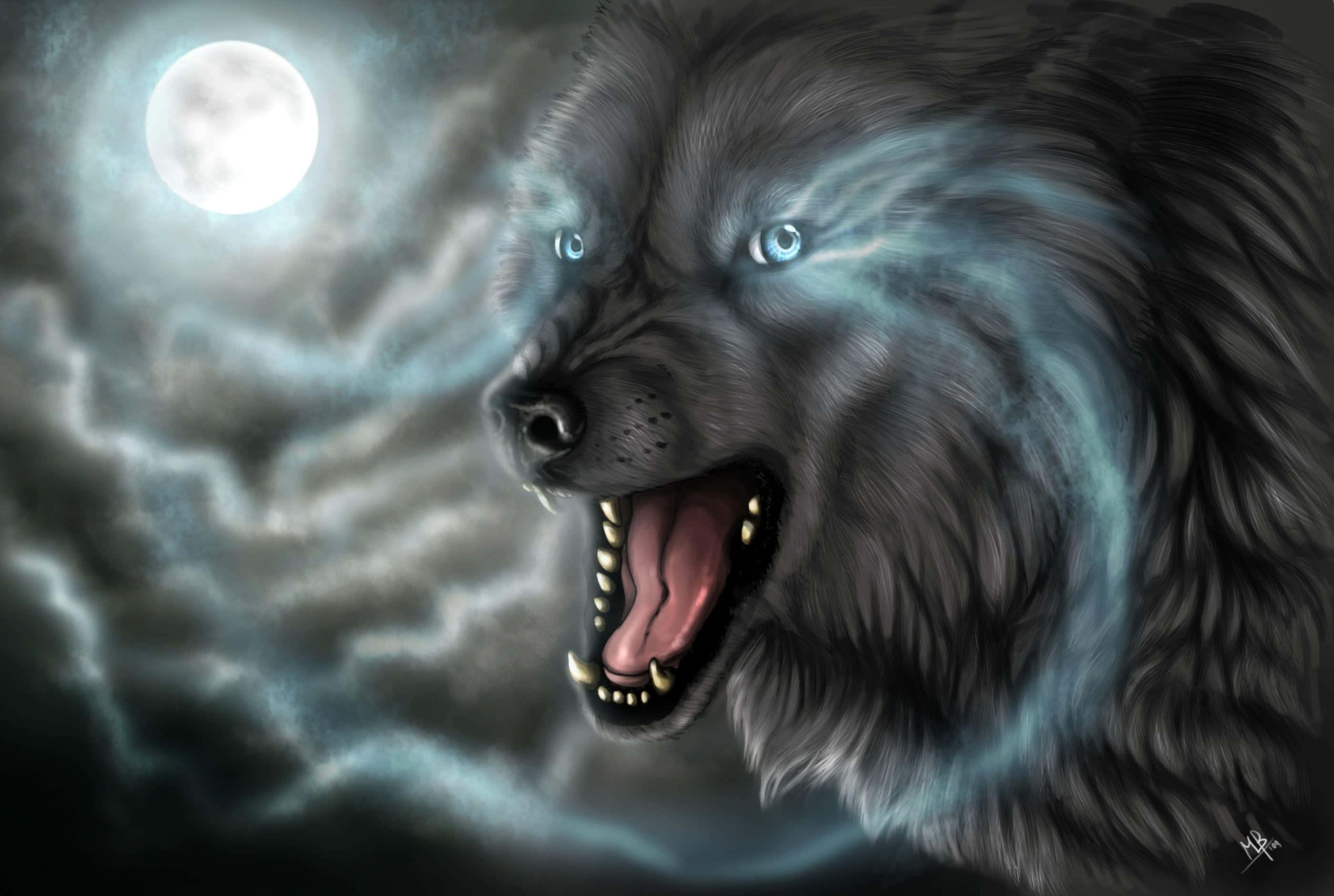 Angry Wolf 桌布 壁紙 — 一隻兇猛的灰狼，眼睛發出藍光，在滿月下、旋轉的暴風雲中咆哮。