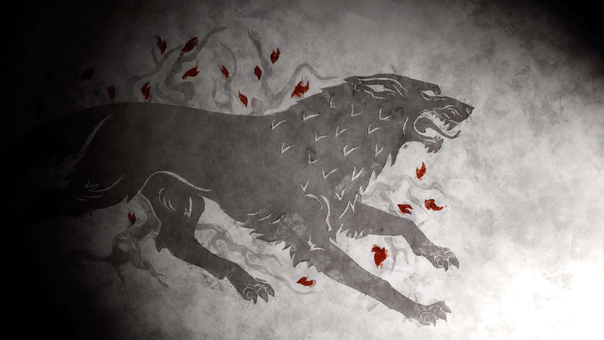 Dire Wolf 桌布 壁紙 — 一隻兇猛的灰狼，紅葉在牠周圍旋轉，跳過煙霧般的單色背景。