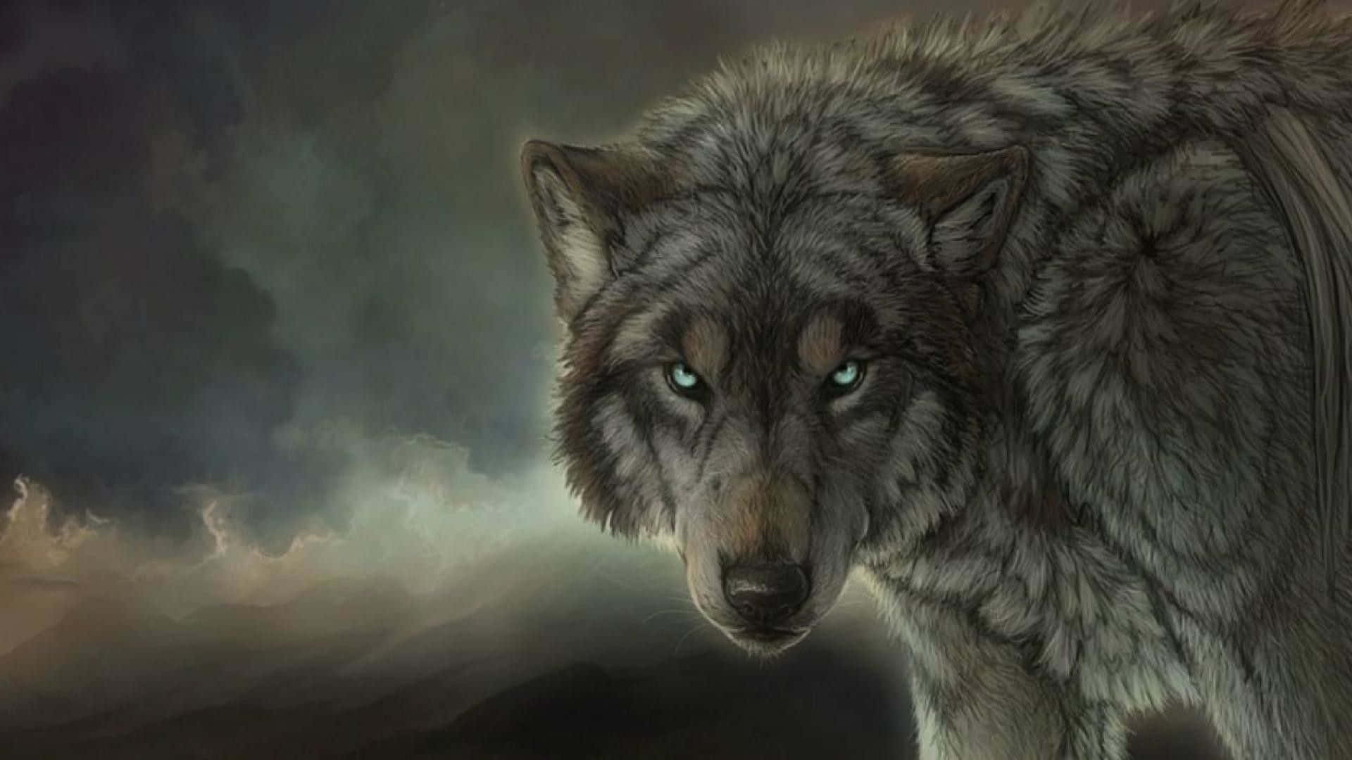 Gray Wolf 桌布 壁紙 — 一隻兇猛的灰狼，閃爍著藍光的眼睛，在暴風雨的暮色天空中凝視著。