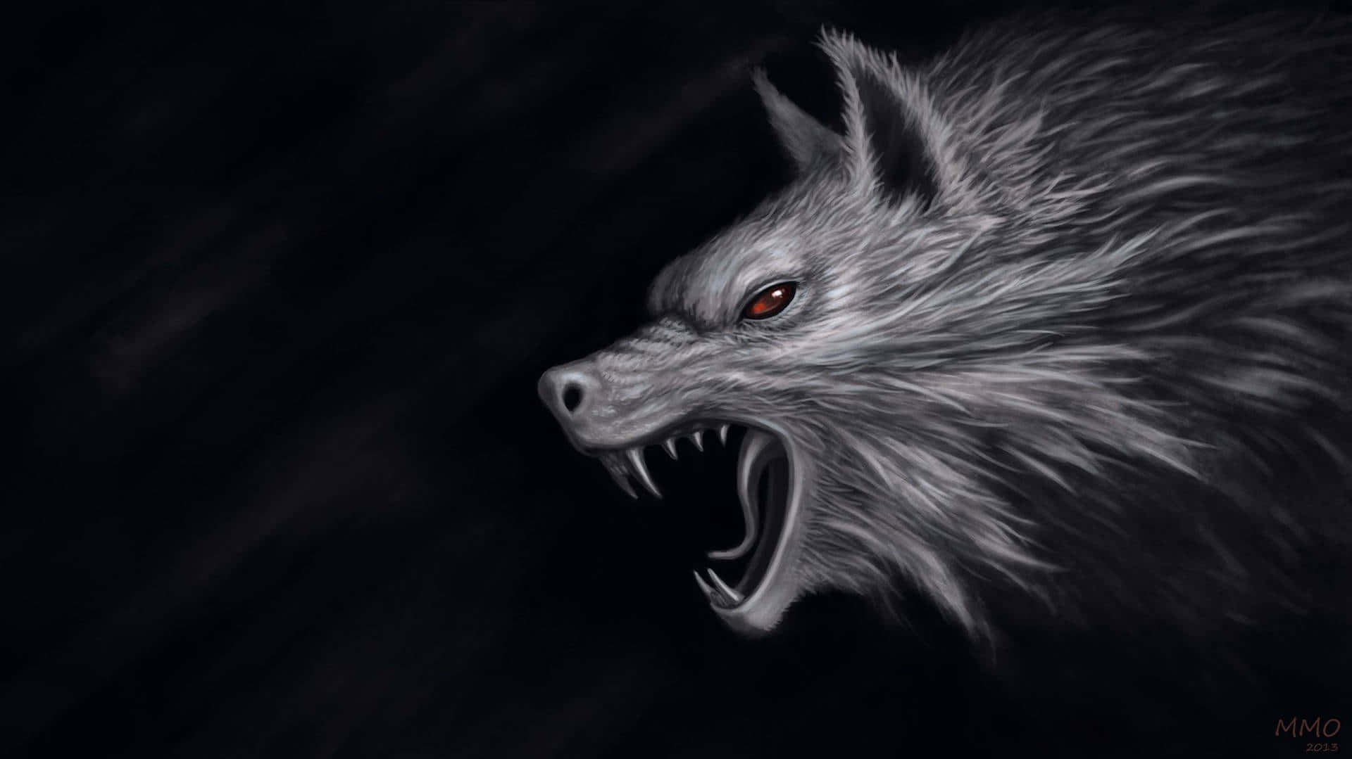Angry Wolf 桌布 壁紙 — 一隻兇猛的灰狼，雙眼發出紅光，在深色紋理背景上咆哮。